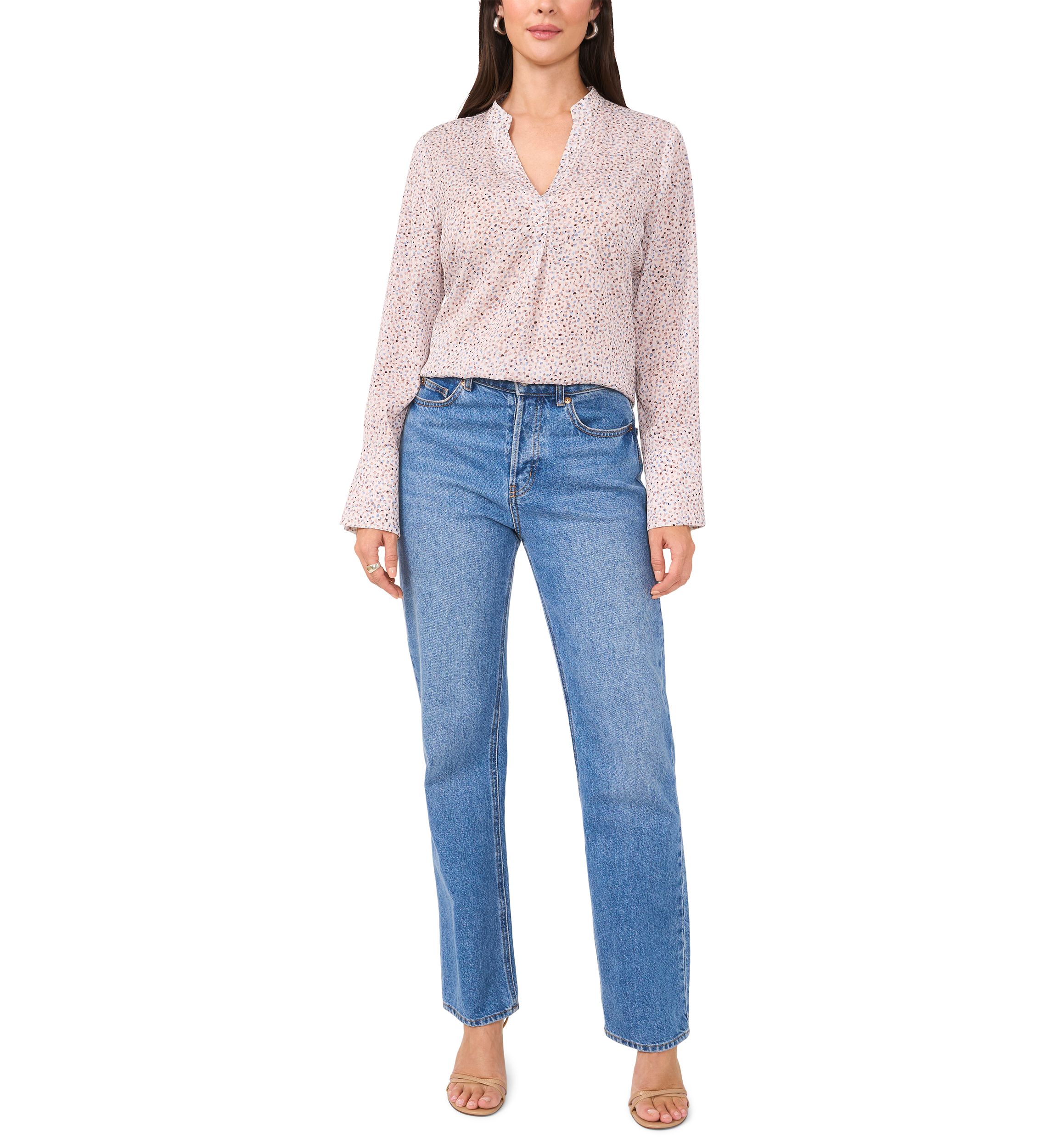 Womens Long Sleeve Split Neck Printed High Low Blouse