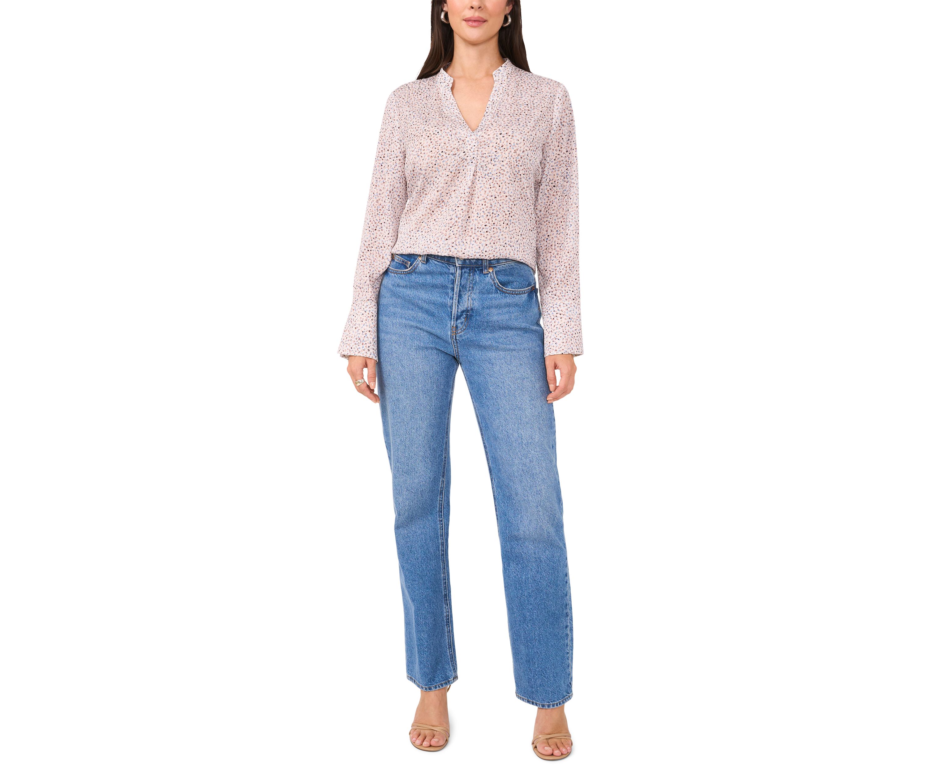 Womens Long Sleeve Split Neck Printed High Low Blouse