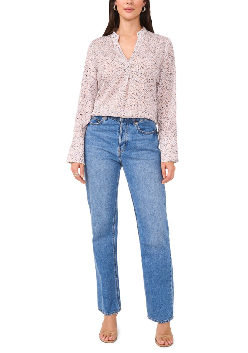 Womens Long Sleeve Split Neck Printed High Low Blouse