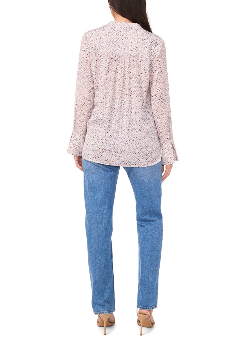 Womens Long Sleeve Split Neck Printed High Low Blouse