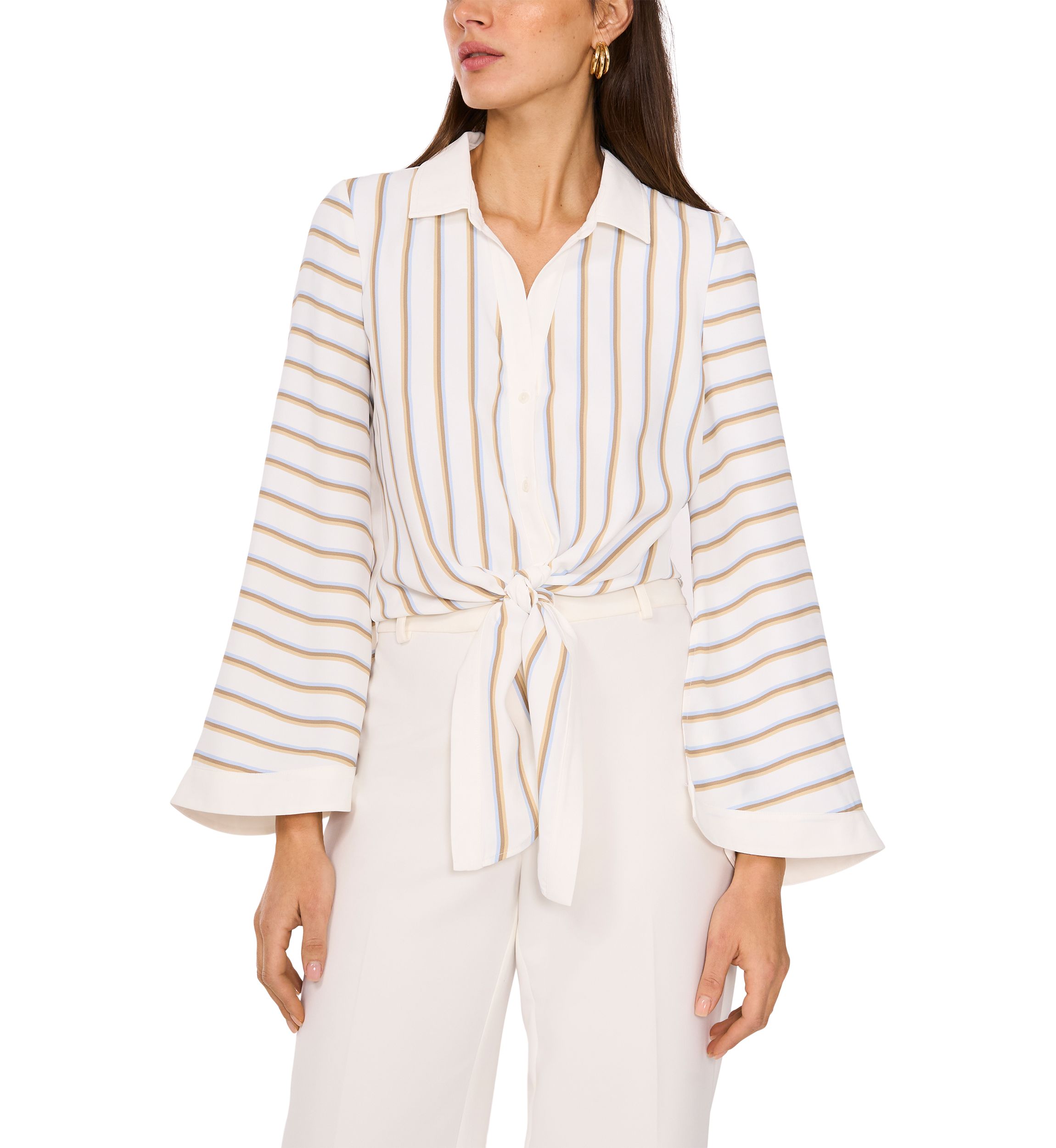Womens Flare Sleeve Striped Tie Front Top