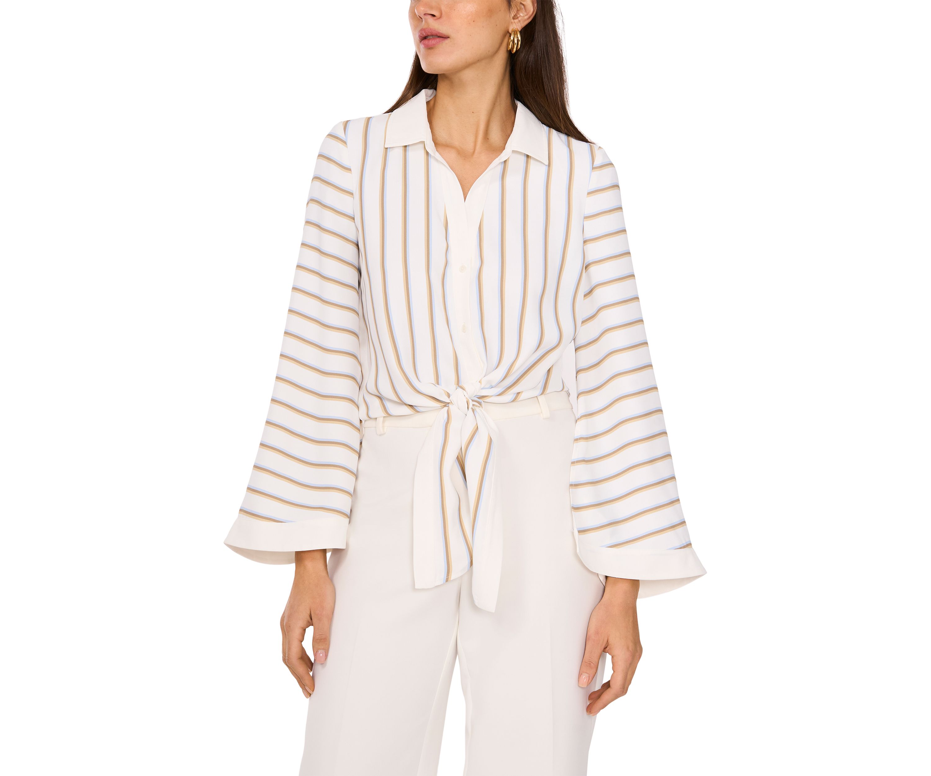 Womens Flare Sleeve Striped Tie Front Top
