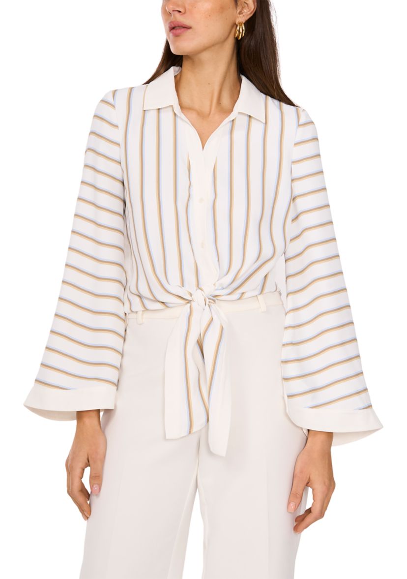 Womens Flare Sleeve Striped Tie Front Top