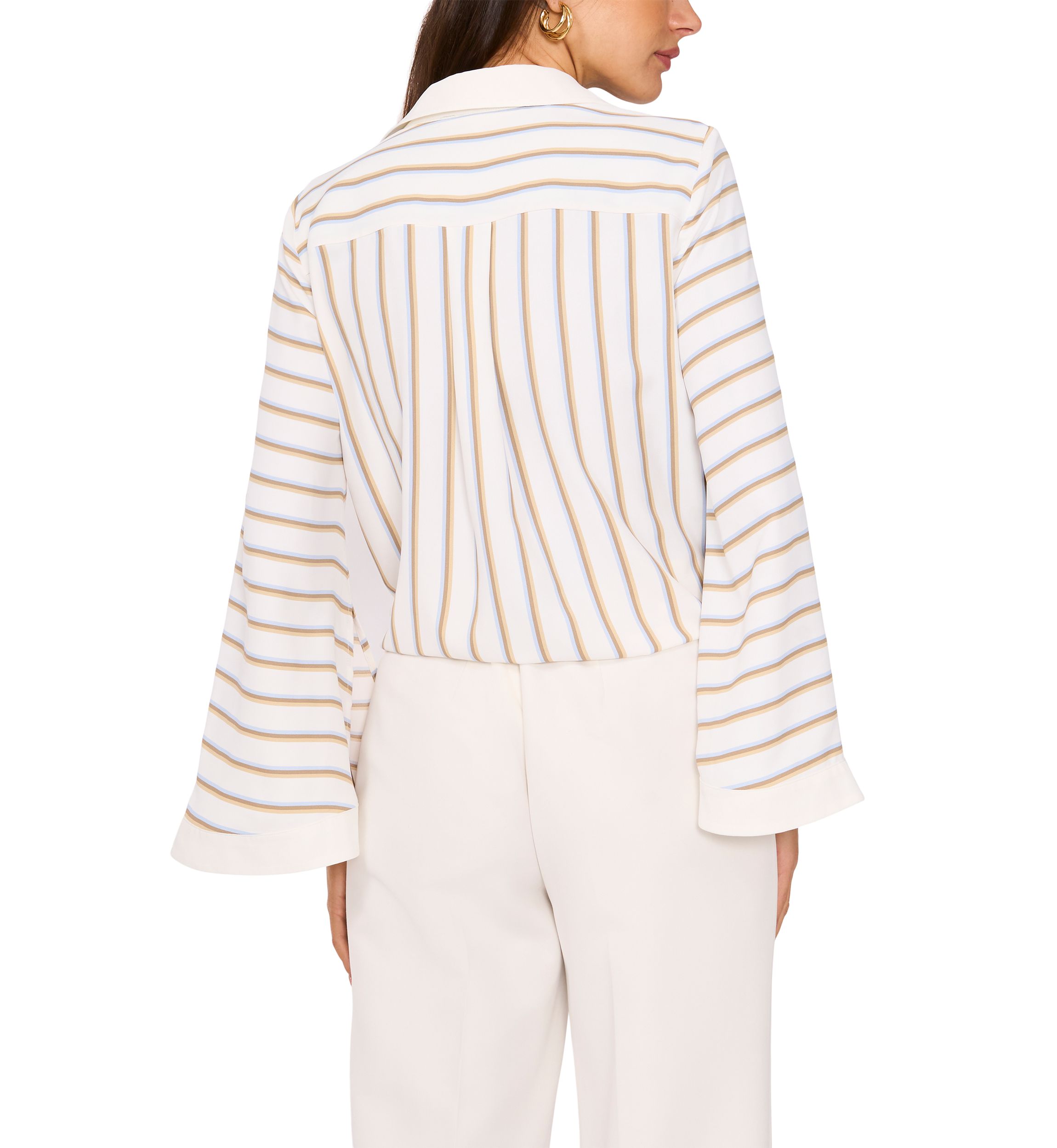 Womens Flare Sleeve Striped Tie Front Top