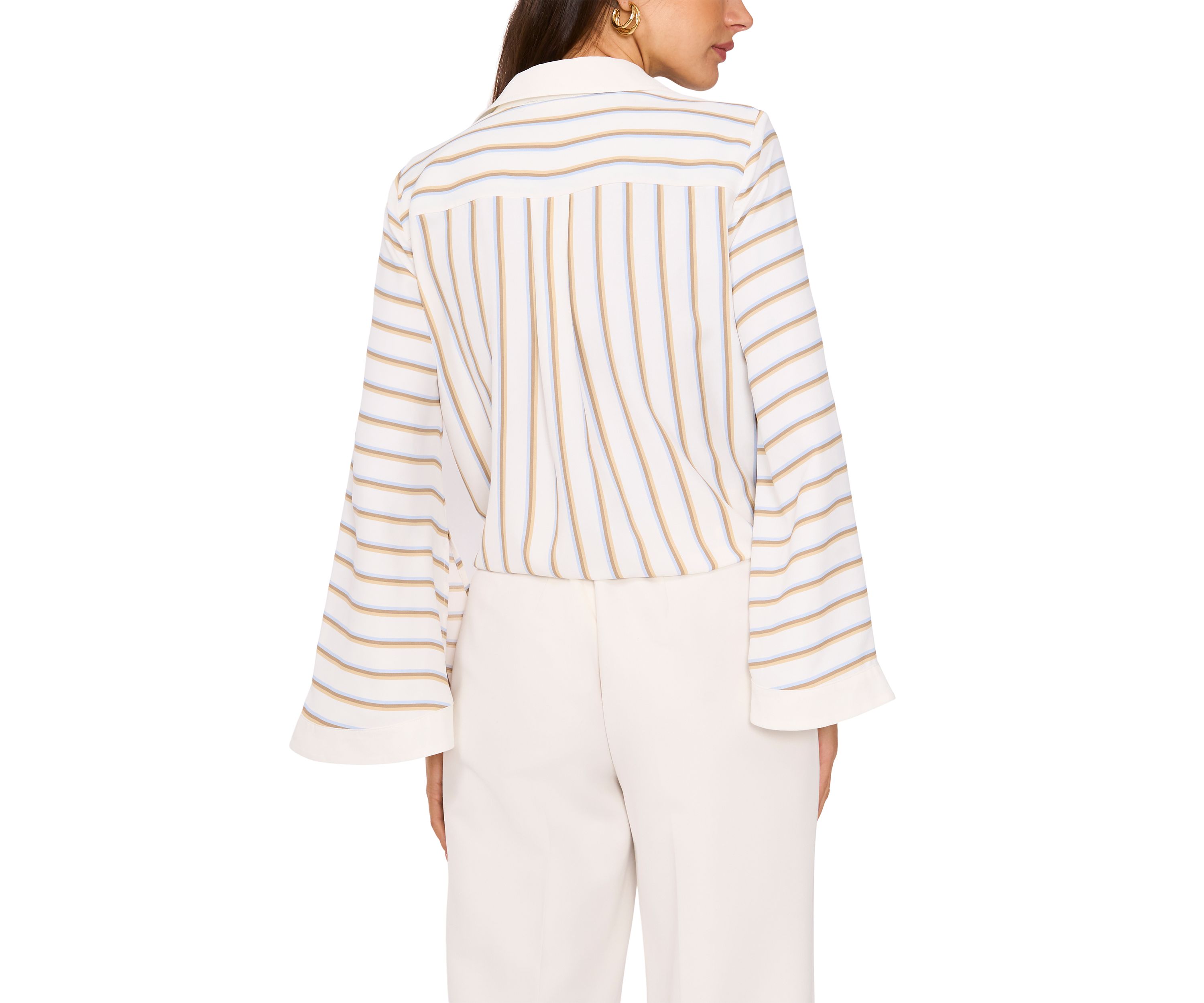 Womens Flare Sleeve Striped Tie Front Top