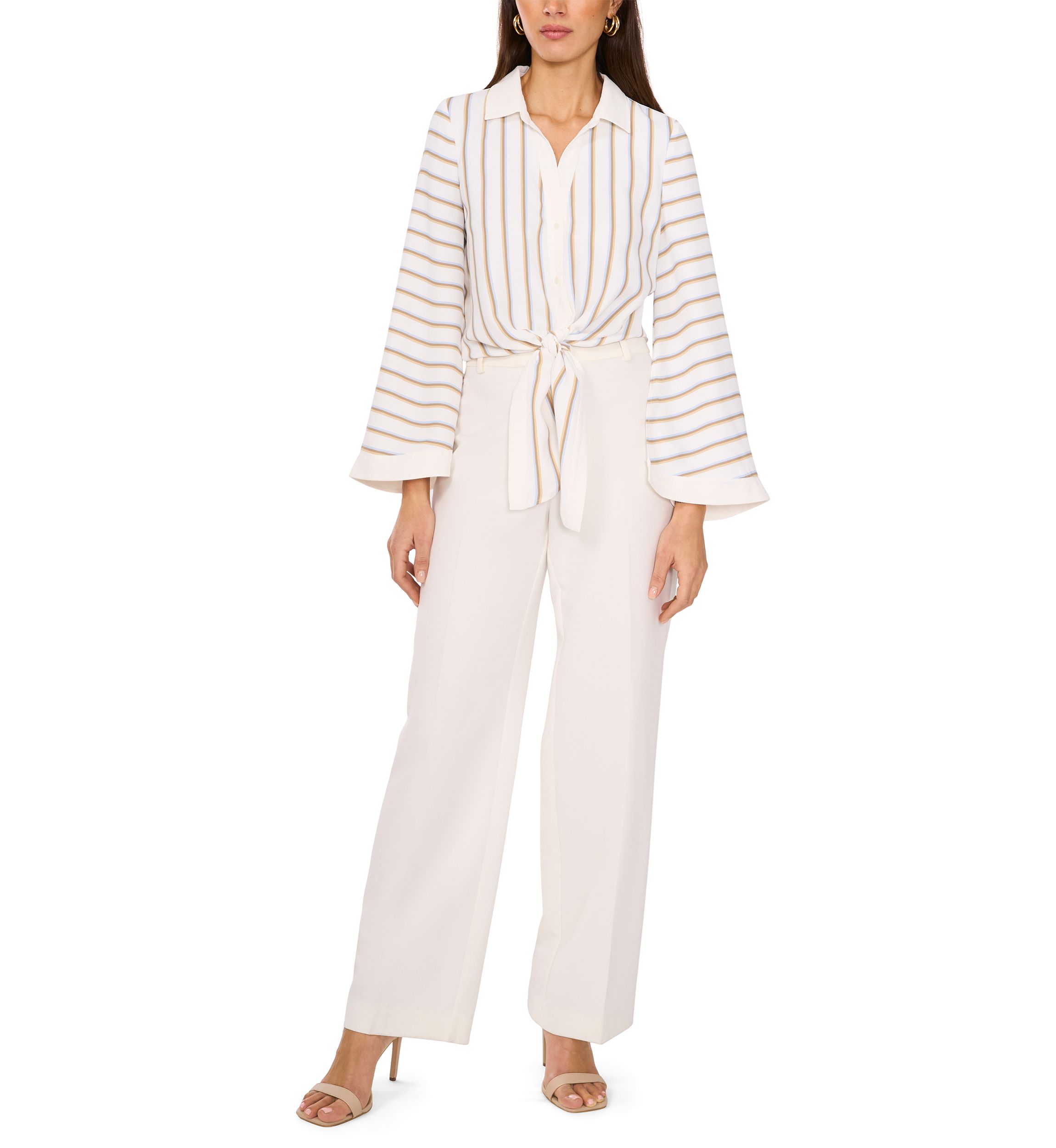 Womens Flare Sleeve Striped Tie Front Top