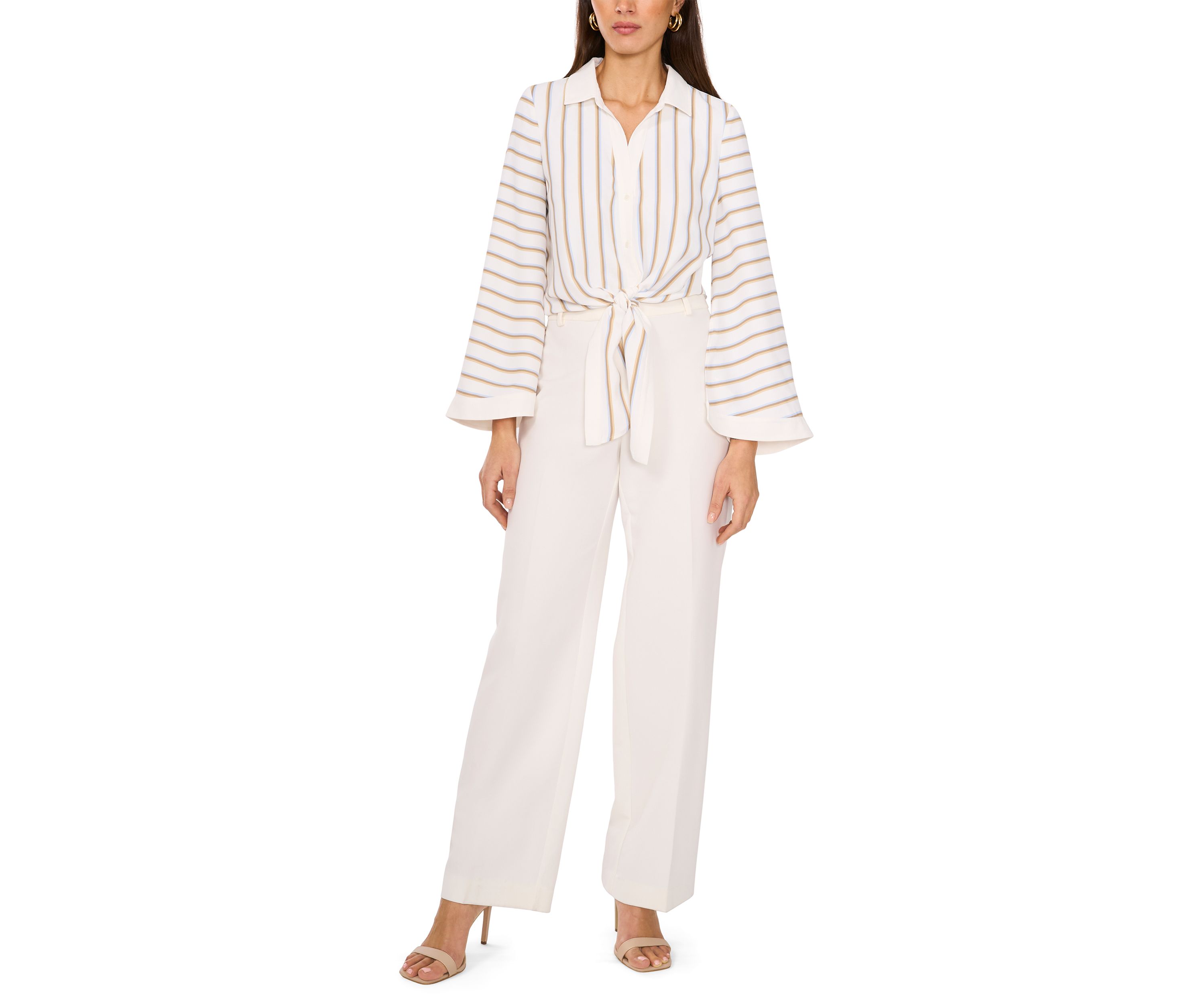 Womens Flare Sleeve Striped Tie Front Top