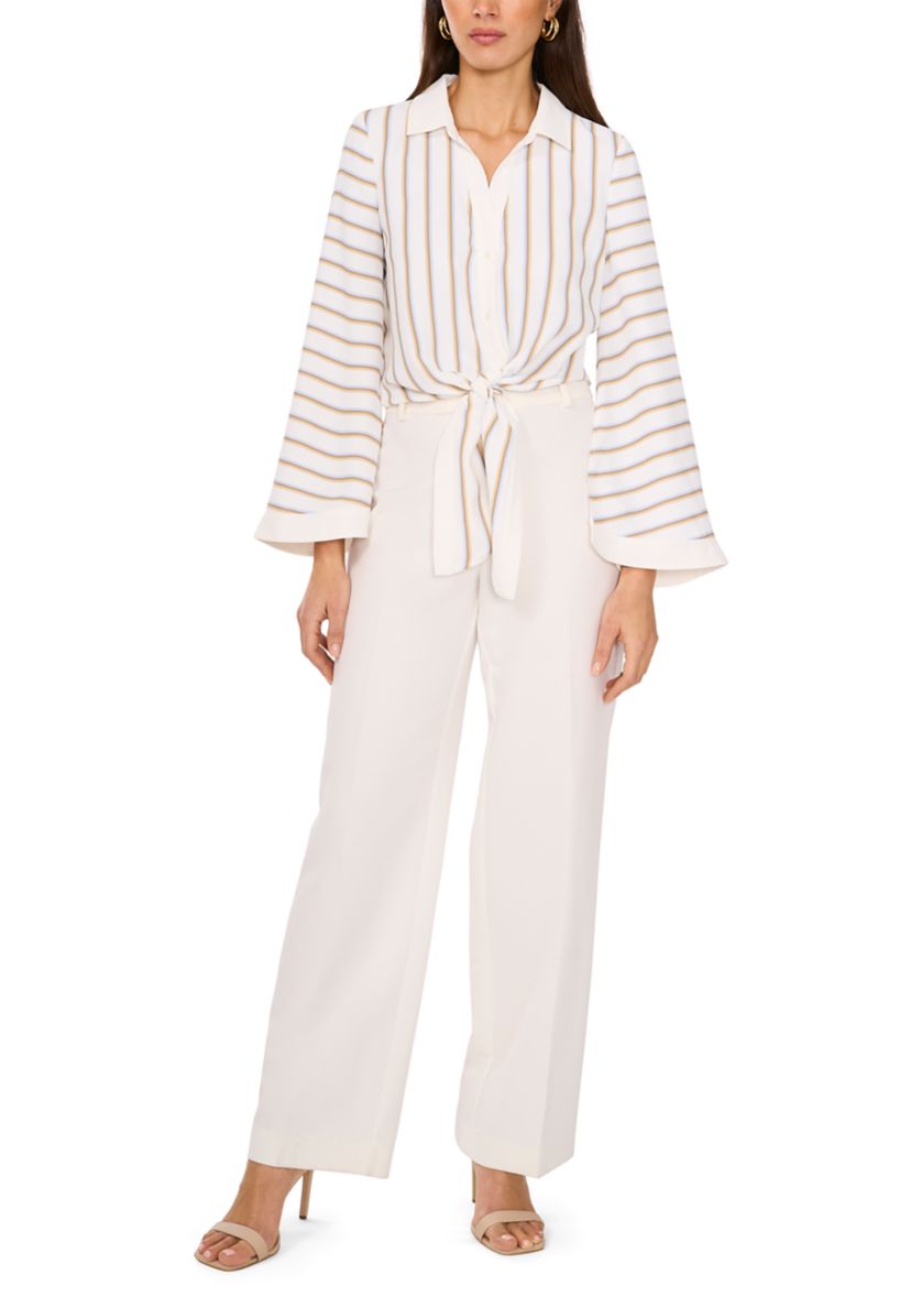Womens Flare Sleeve Striped Tie Front Top