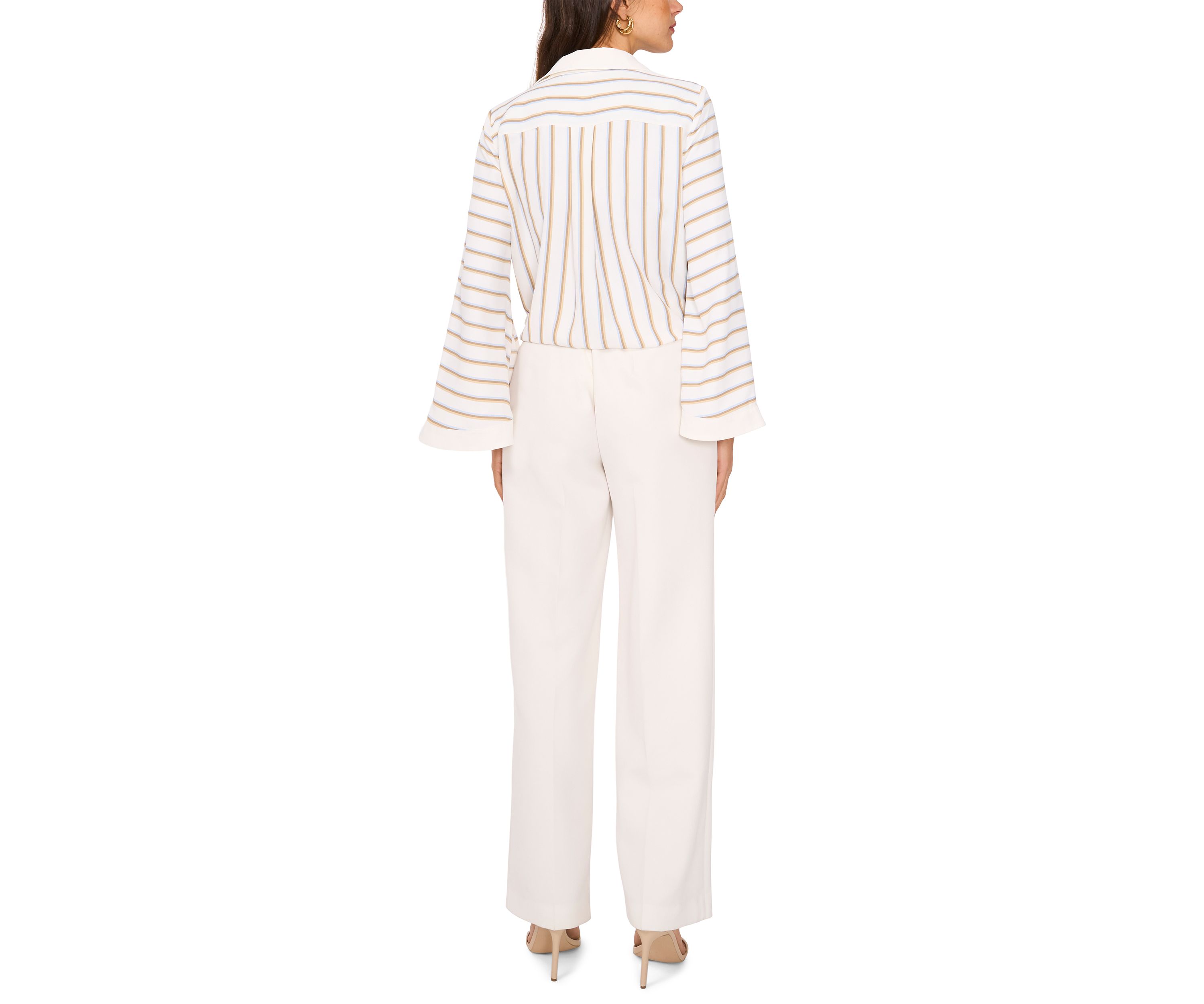 Womens Flare Sleeve Striped Tie Front Top