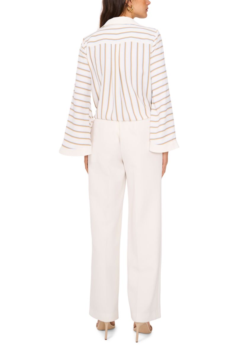Womens Flare Sleeve Striped Tie Front Top