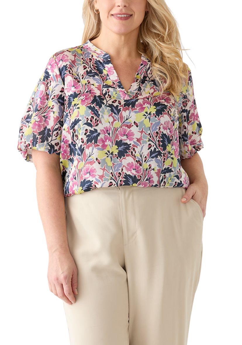 Plus Size Split Neck Floral Printed Blouse
