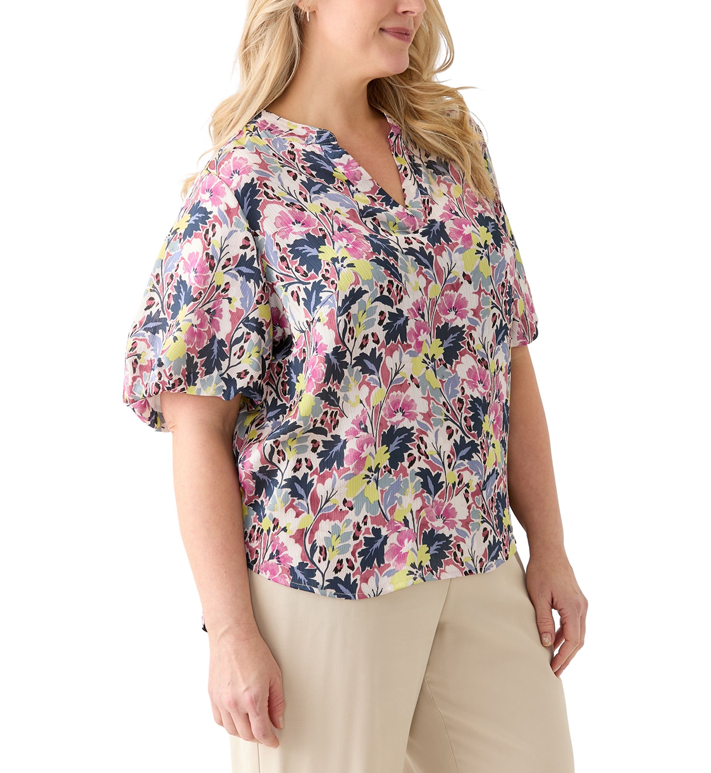 Plus Size Split Neck Floral Printed Blouse