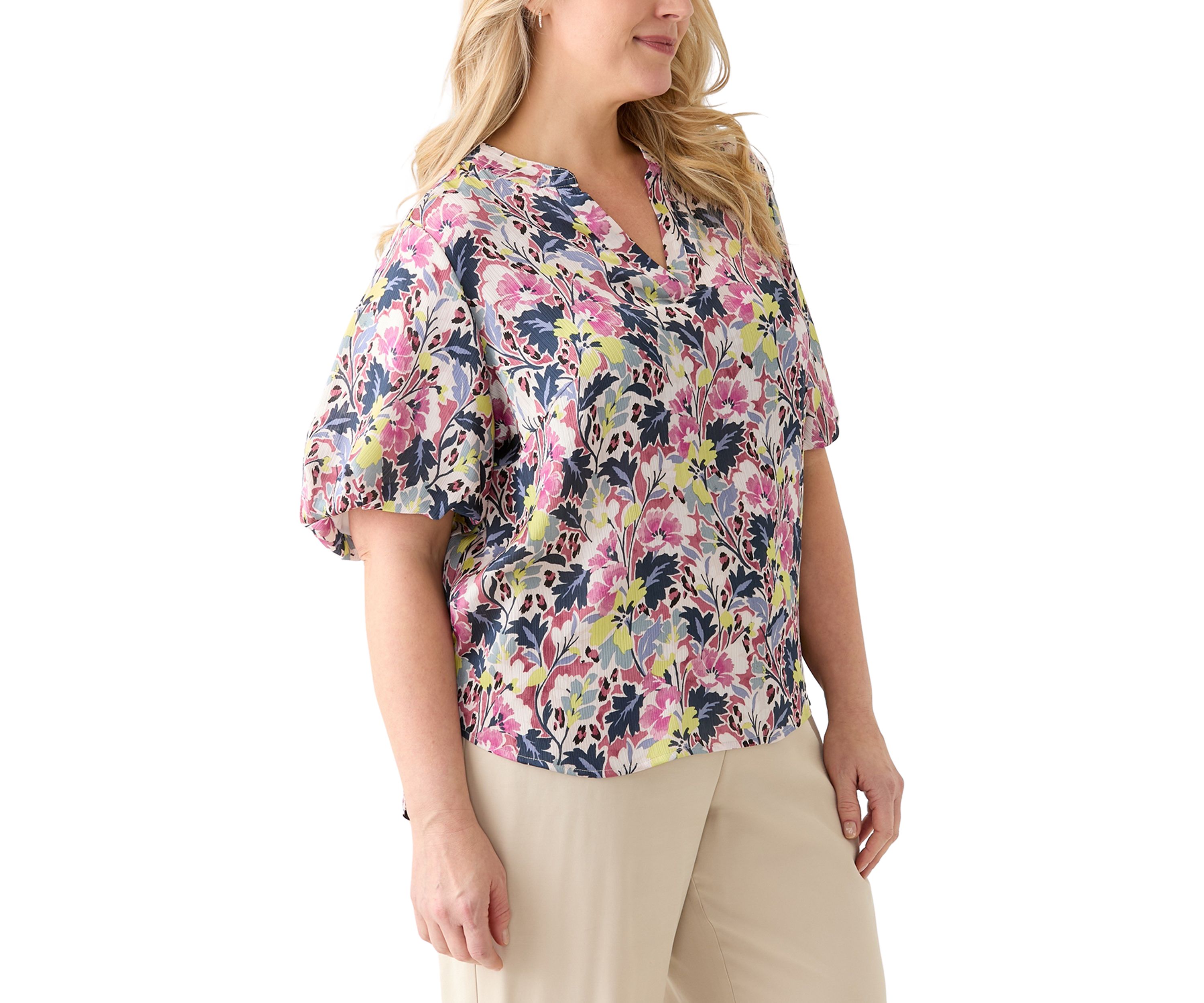Plus Size Split Neck Floral Printed Blouse