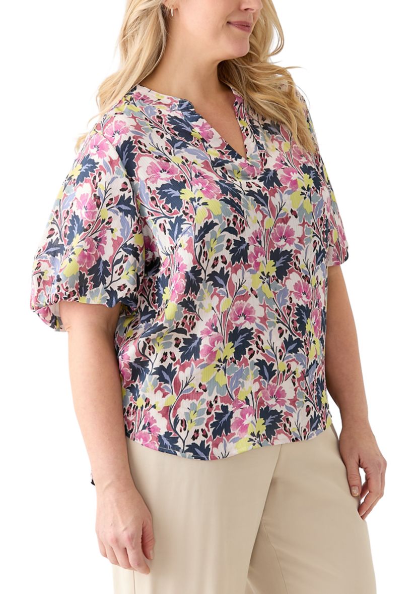 Plus Size Split Neck Floral Printed Blouse
