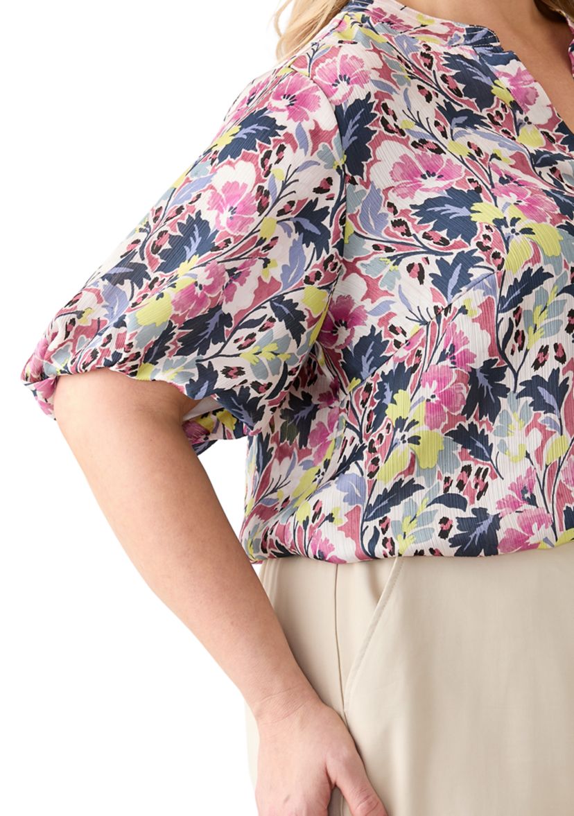 Plus Size Split Neck Floral Printed Blouse