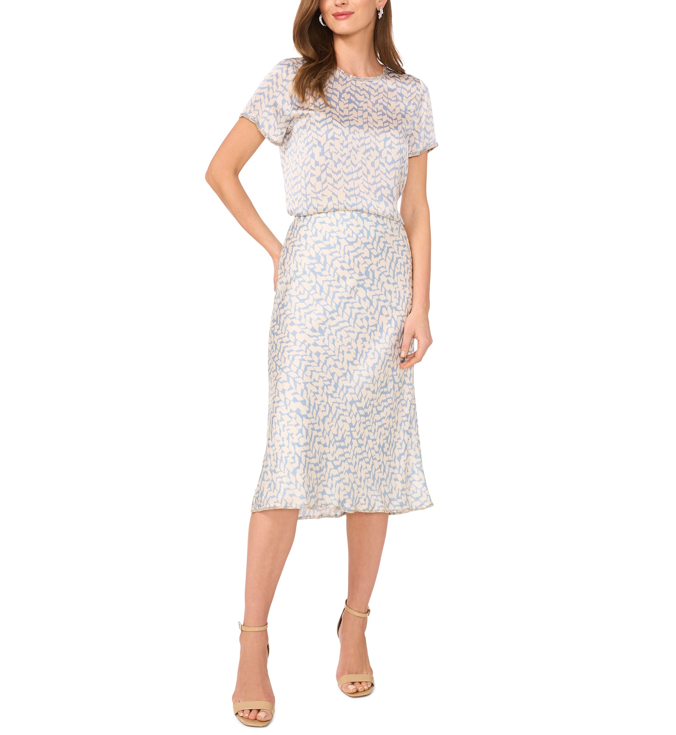 Womens Chevron Print A-Line Satin Midi Skirt