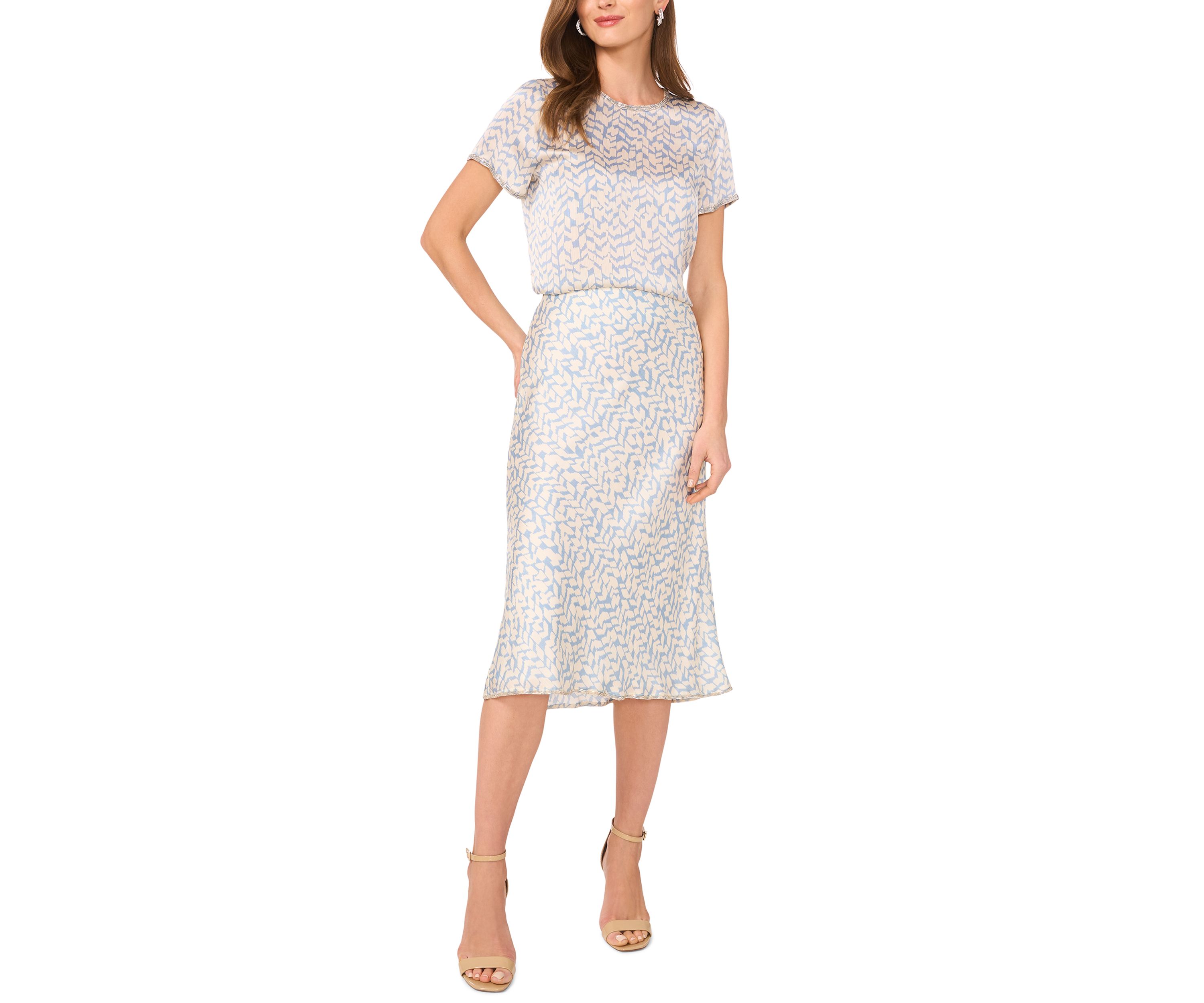 Womens Chevron Print A-Line Satin Midi Skirt