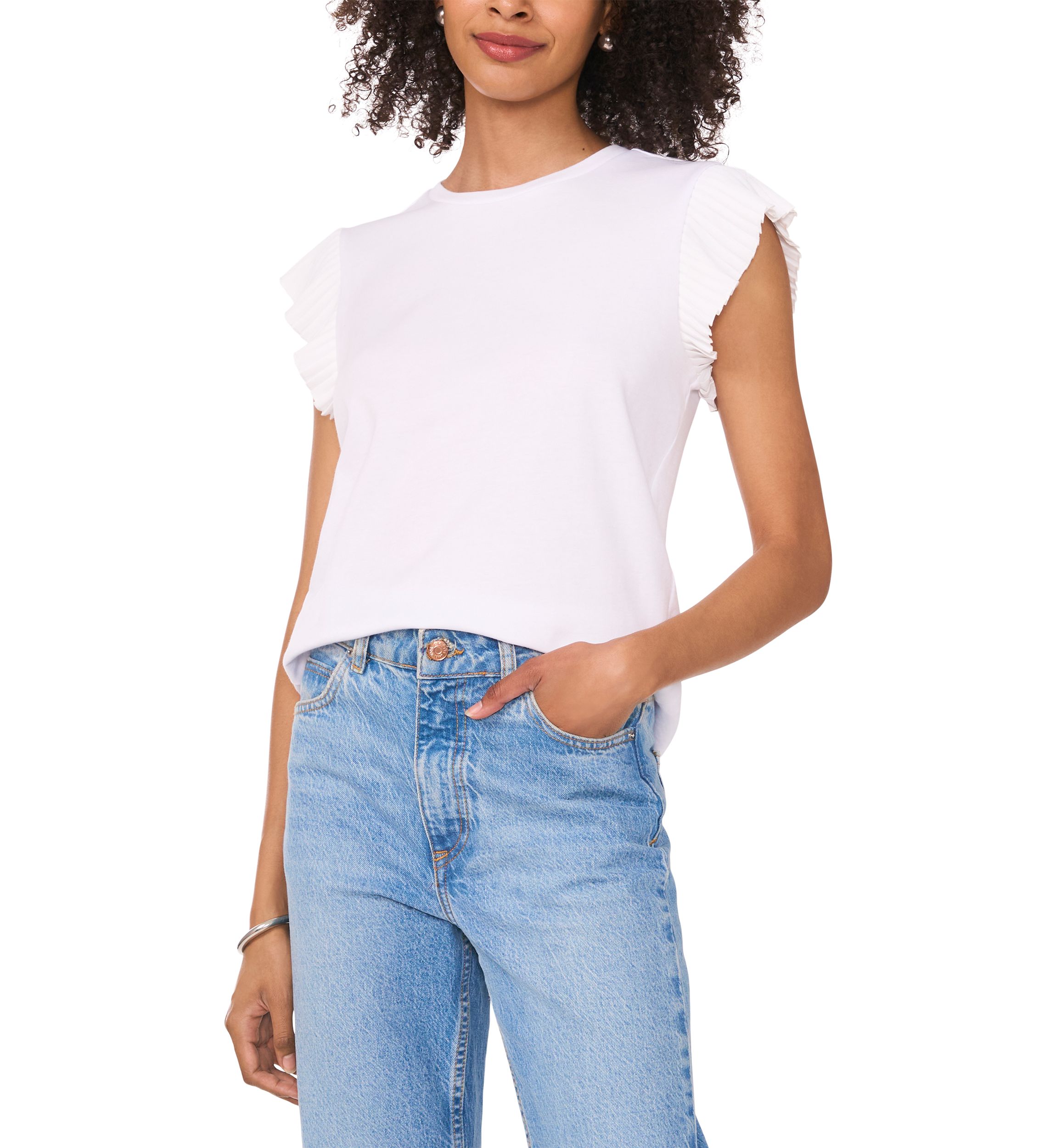Womens Ruffle Sleeve Mix Media Top