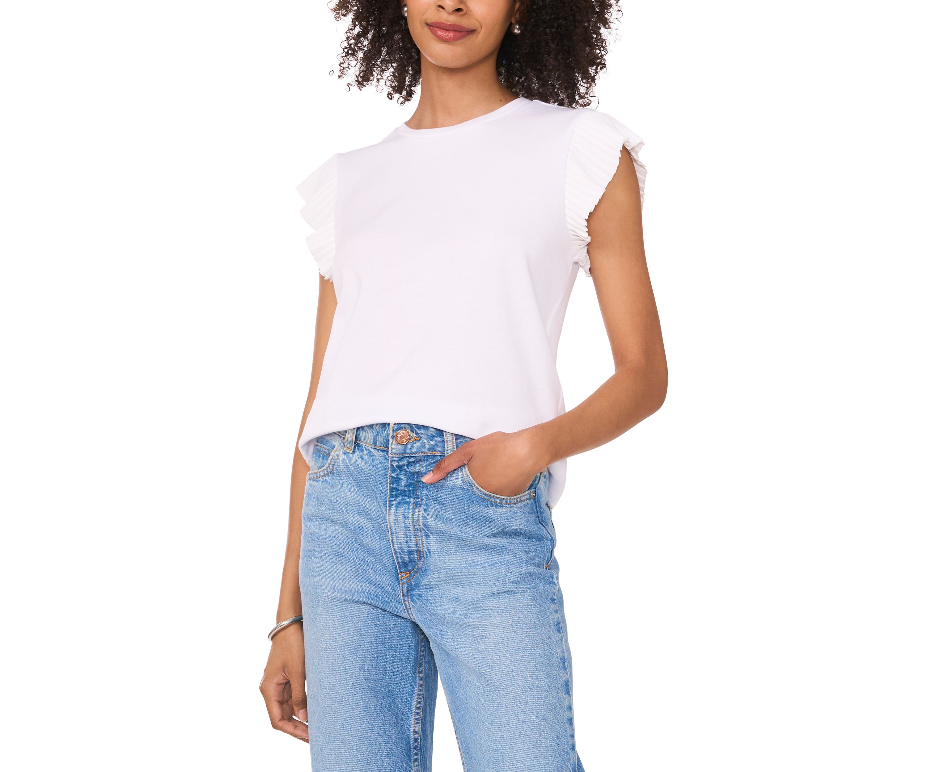 Womens Ruffle Sleeve Mix Media Top