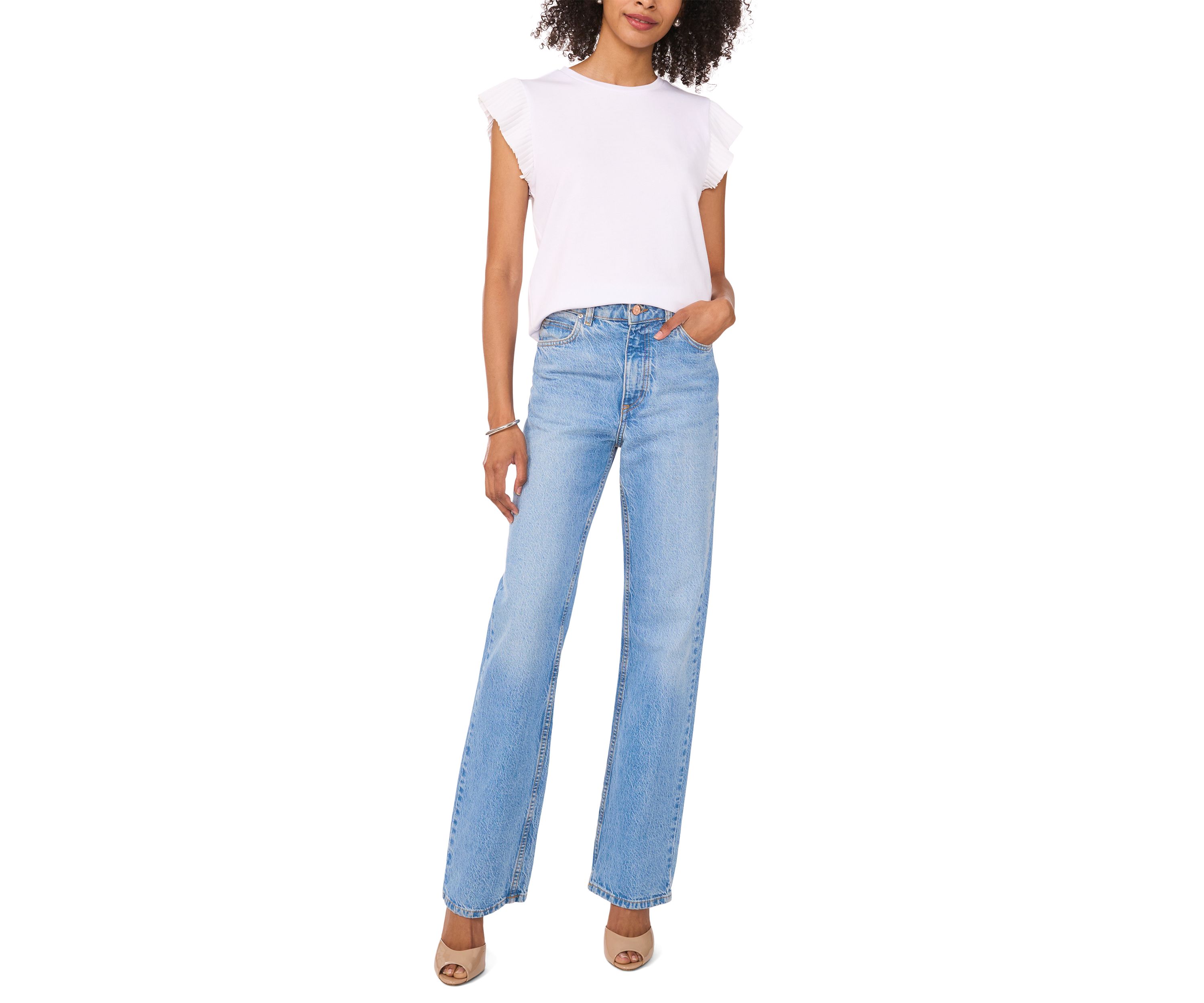 Womens Ruffle Sleeve Mix Media Top