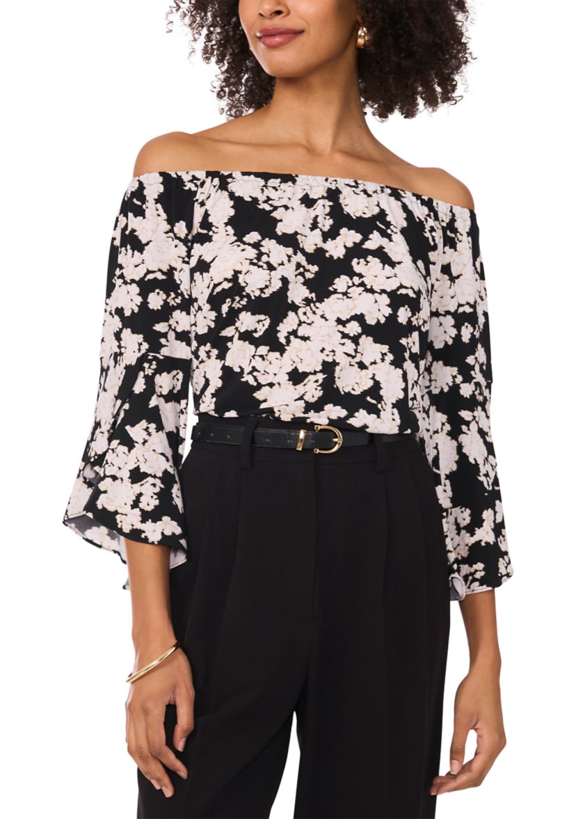 Womens Flutter Sleeve Off the Shoulder Floral Top