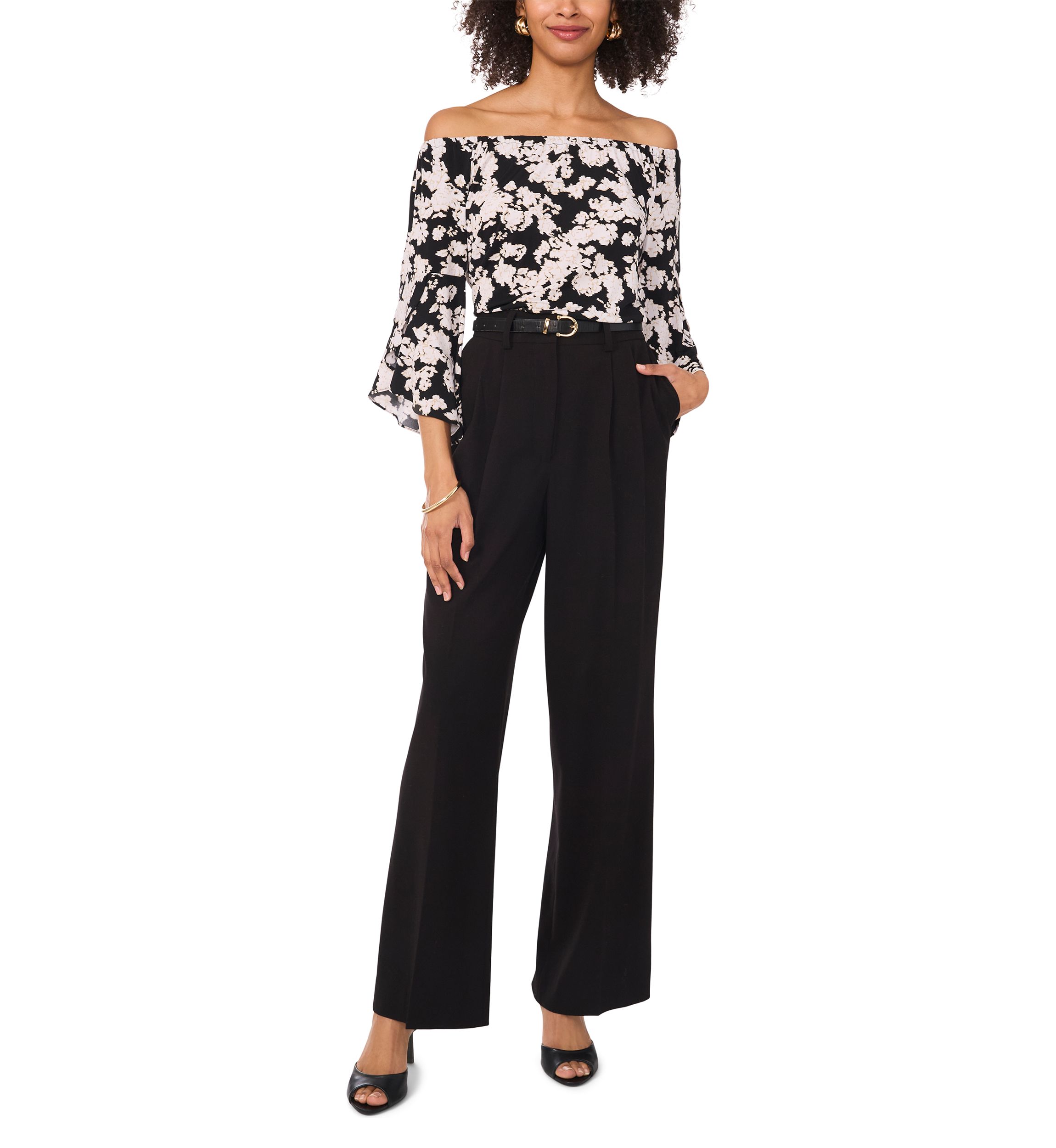 Womens Flutter Sleeve Off the Shoulder Floral Top