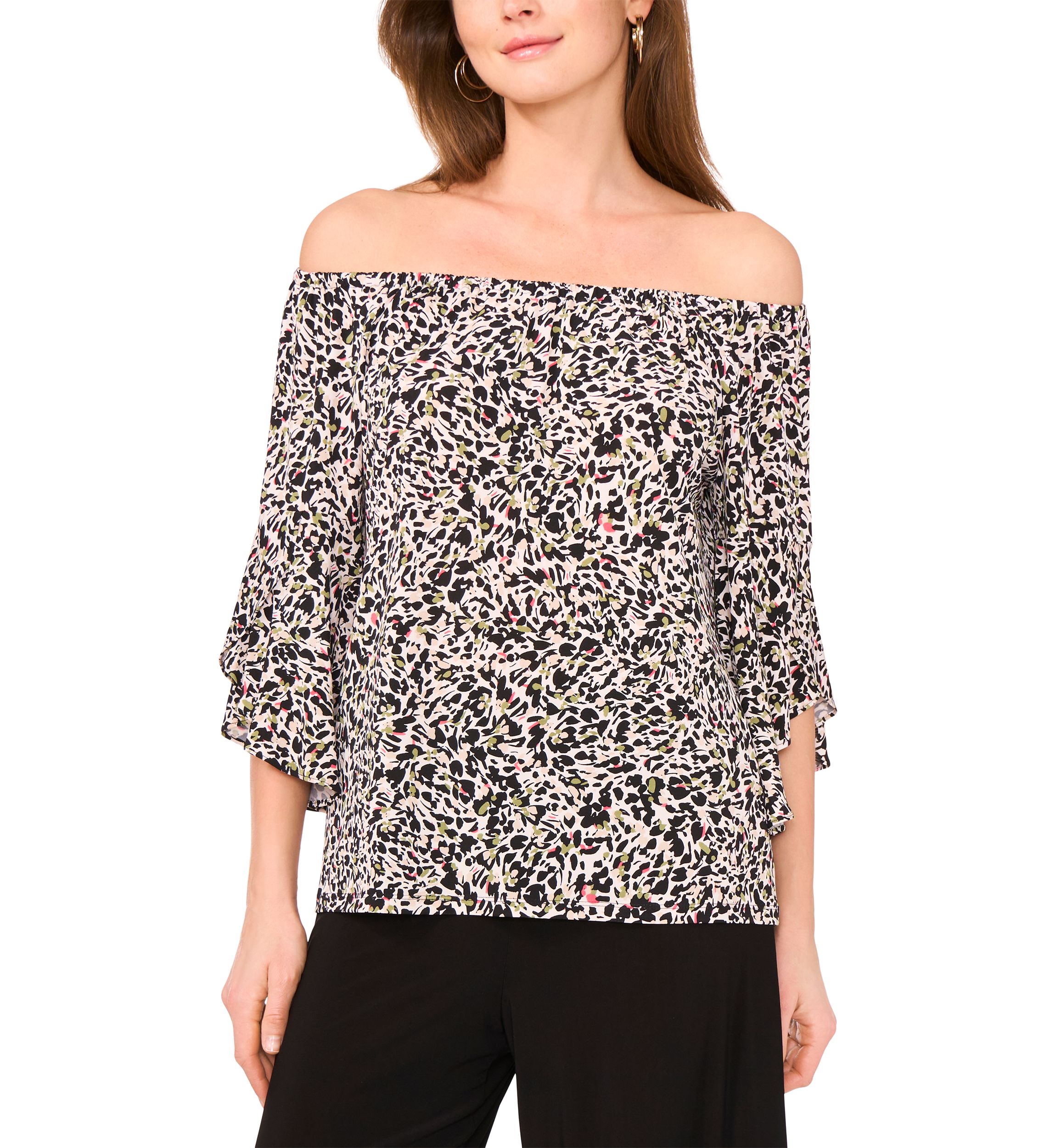 Womens Flutter Sleeve Off the Shoulder Animal Print Top