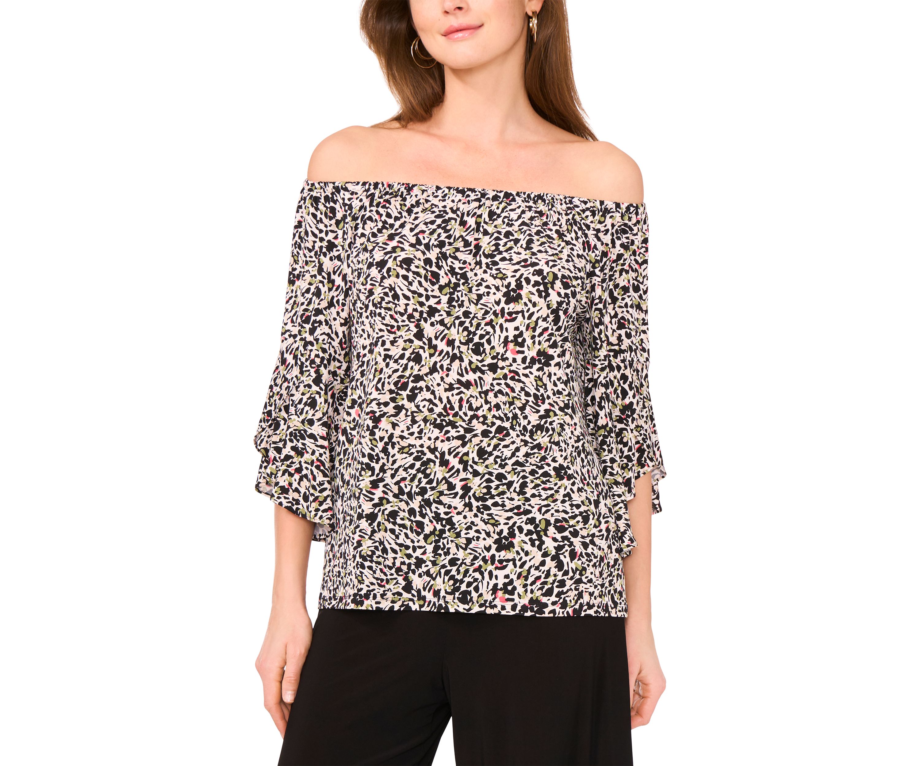 Womens Flutter Sleeve Off the Shoulder Animal Print Top
