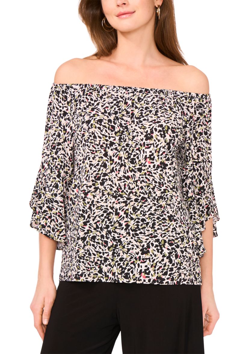 Womens Flutter Sleeve Off the Shoulder Animal Print Top