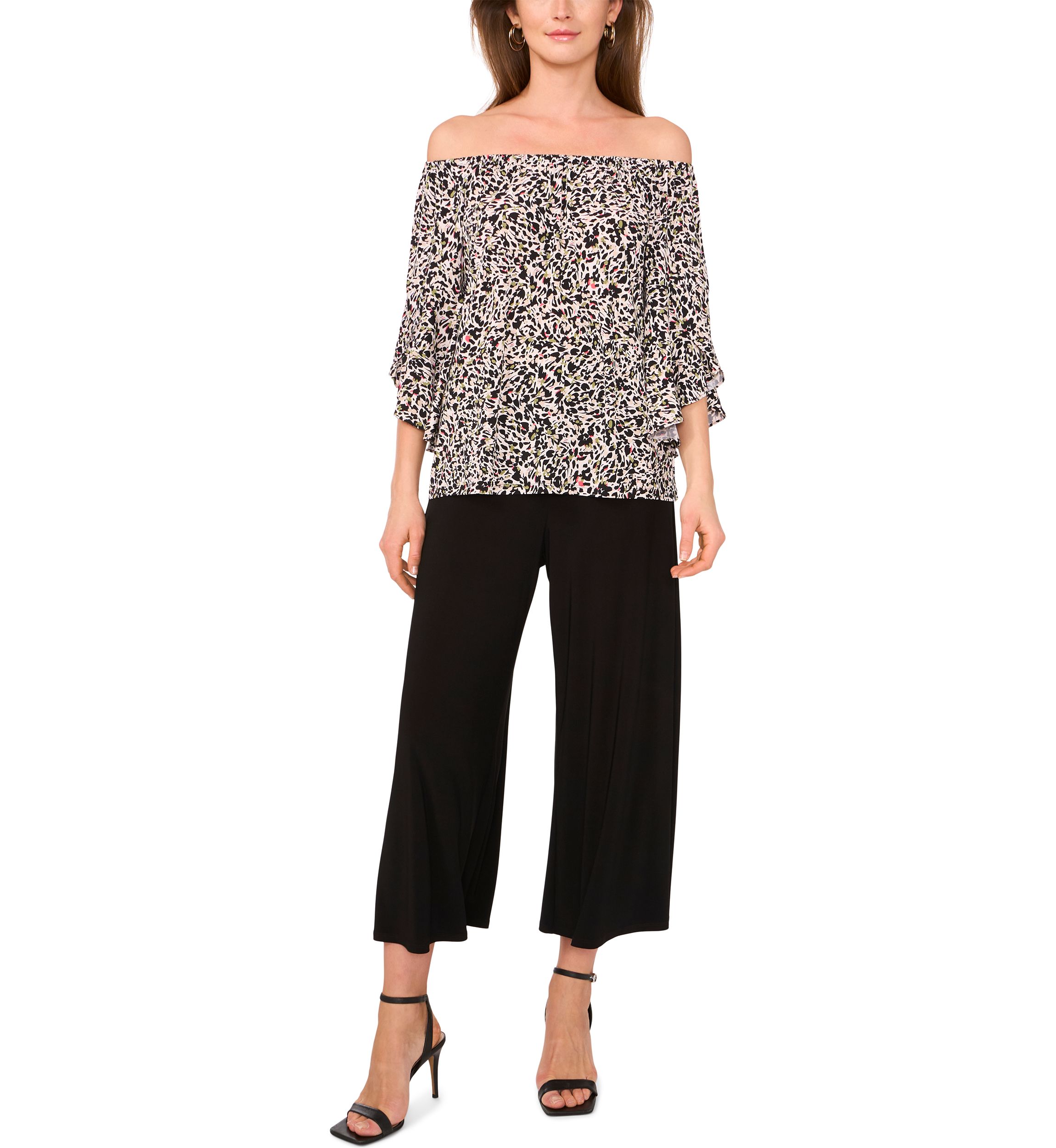Womens Flutter Sleeve Off the Shoulder Animal Print Top