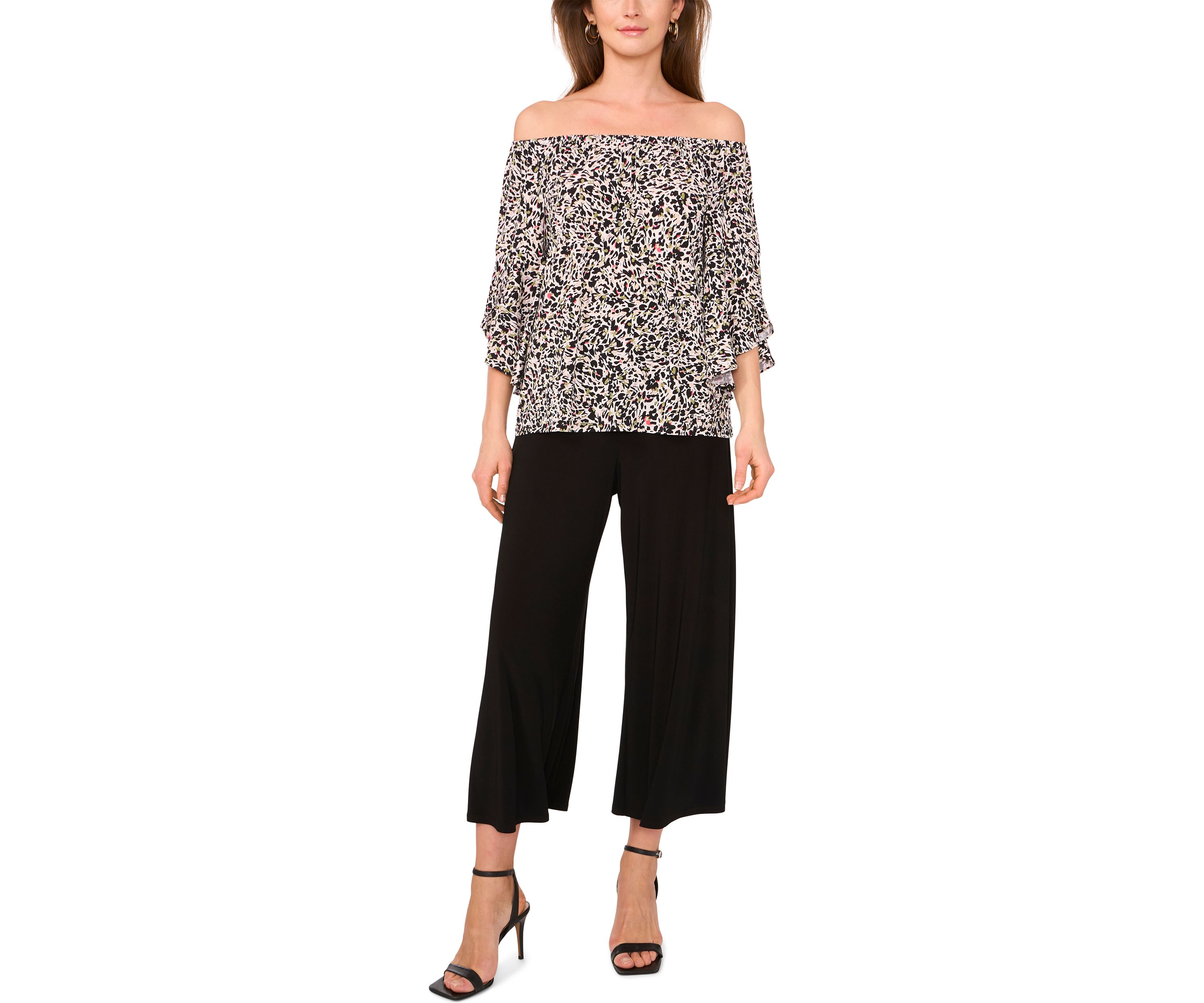 Womens Flutter Sleeve Off the Shoulder Animal Print Top