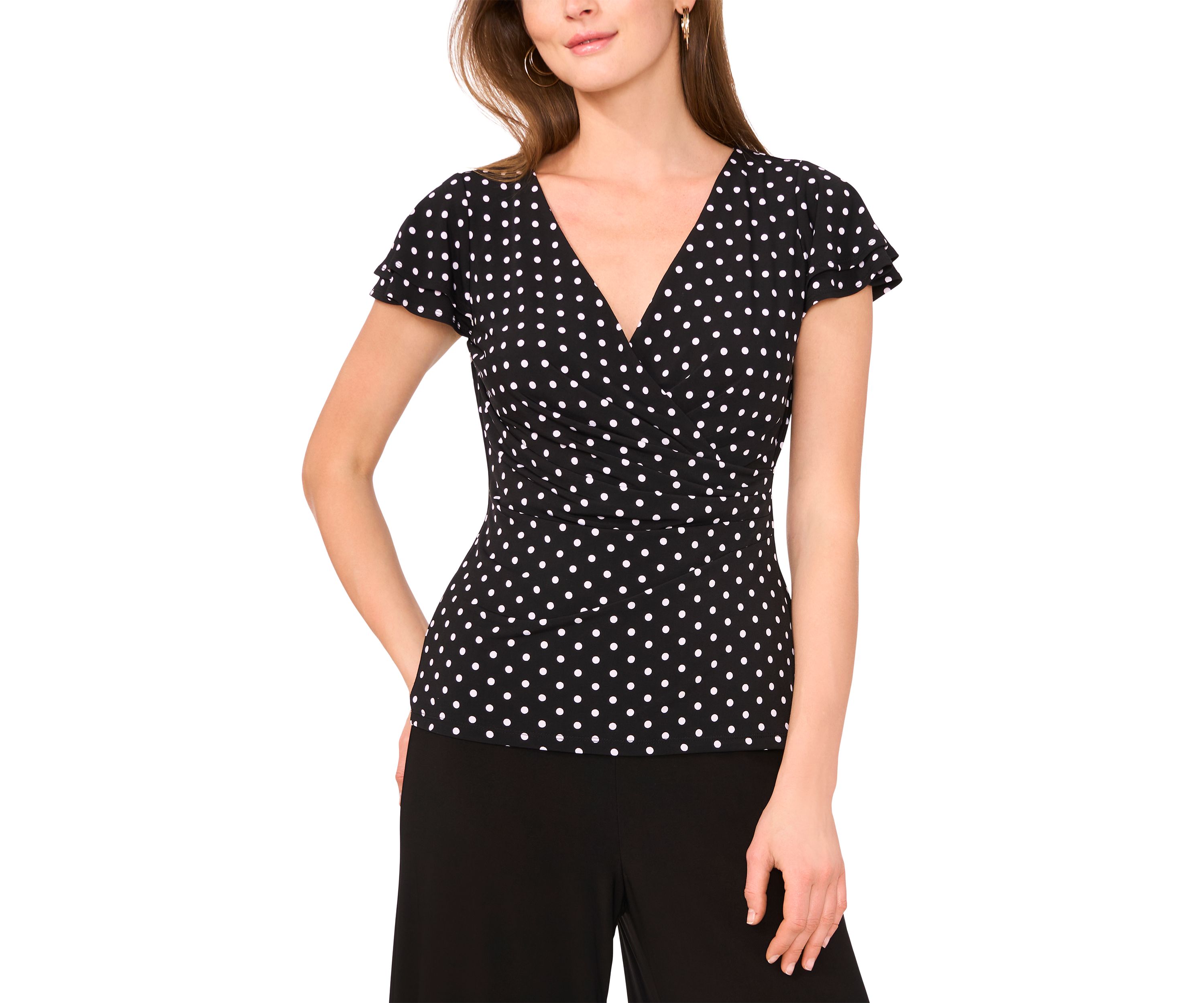 Womens Flutter Sleeve Wrap Dot Print Top