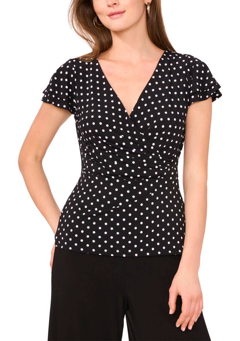 Womens Flutter Sleeve Wrap Dot Print Top