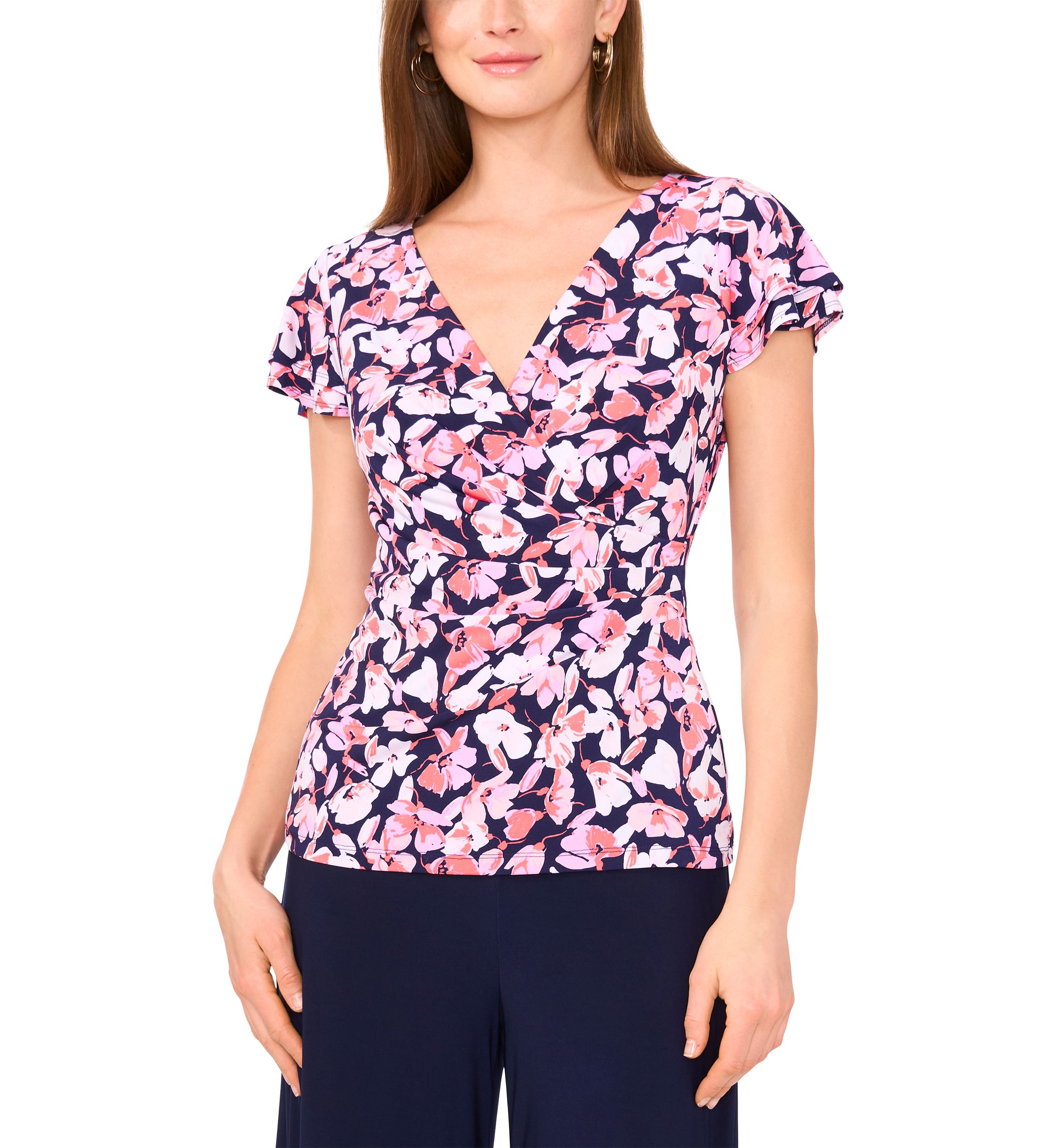 Womens Flutter Sleeve Floral Wrap Top 