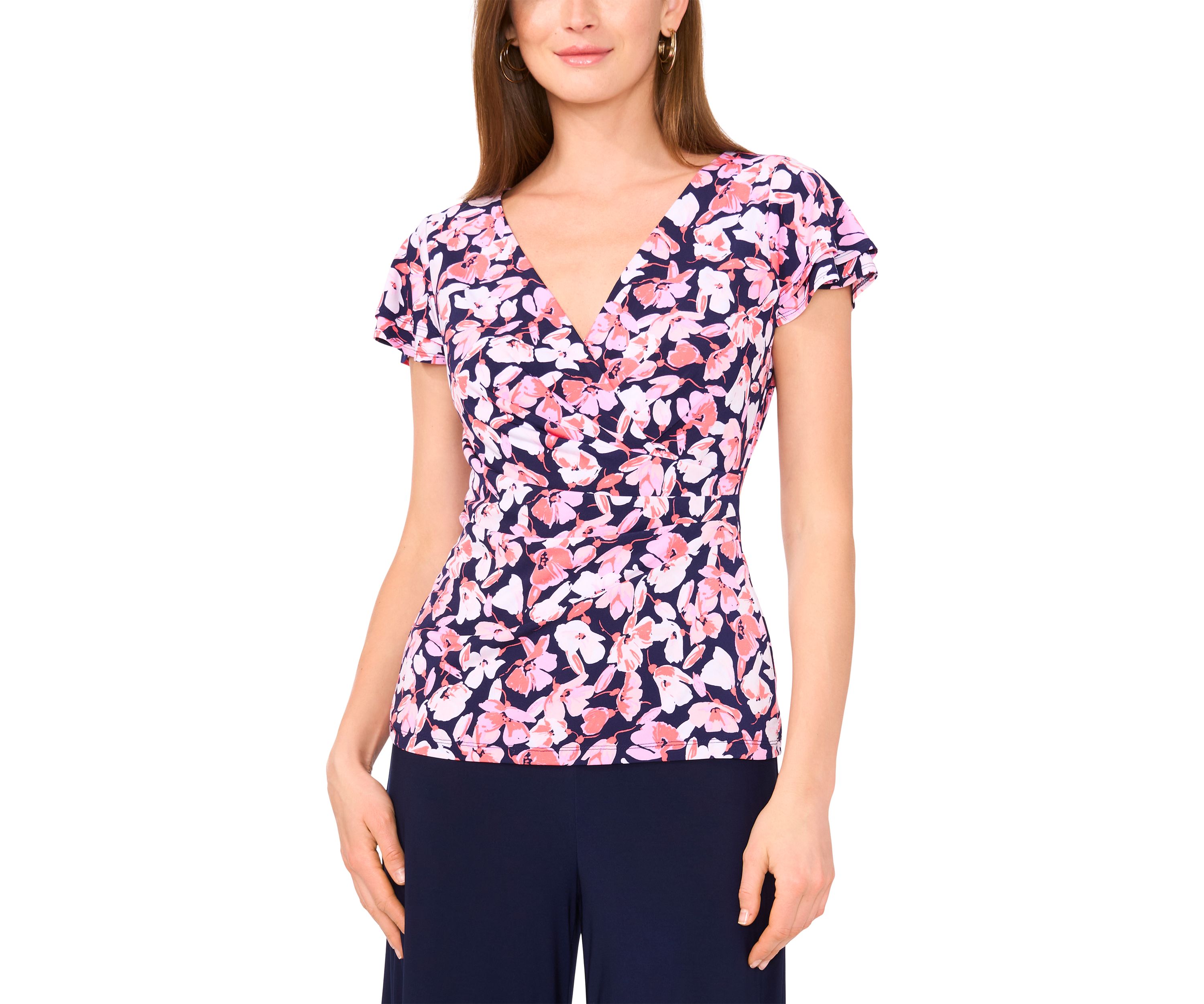 Womens Flutter Sleeve Floral Wrap Top 