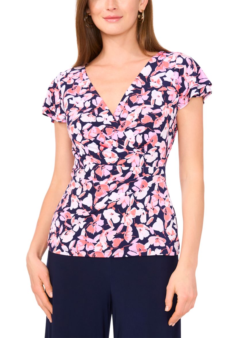 Womens Flutter Sleeve Floral Wrap Top 