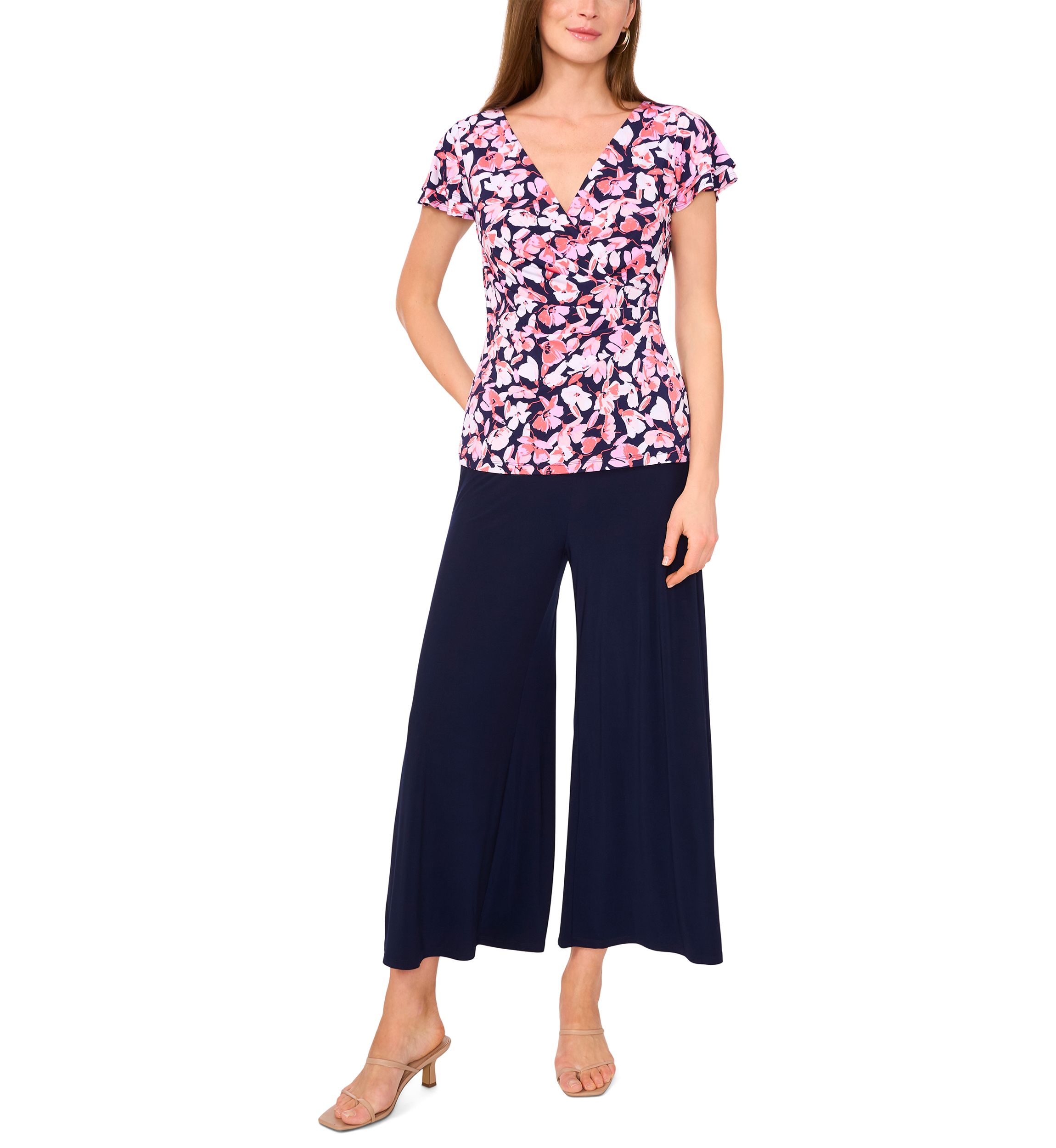 Womens Flutter Sleeve Floral Wrap Top 