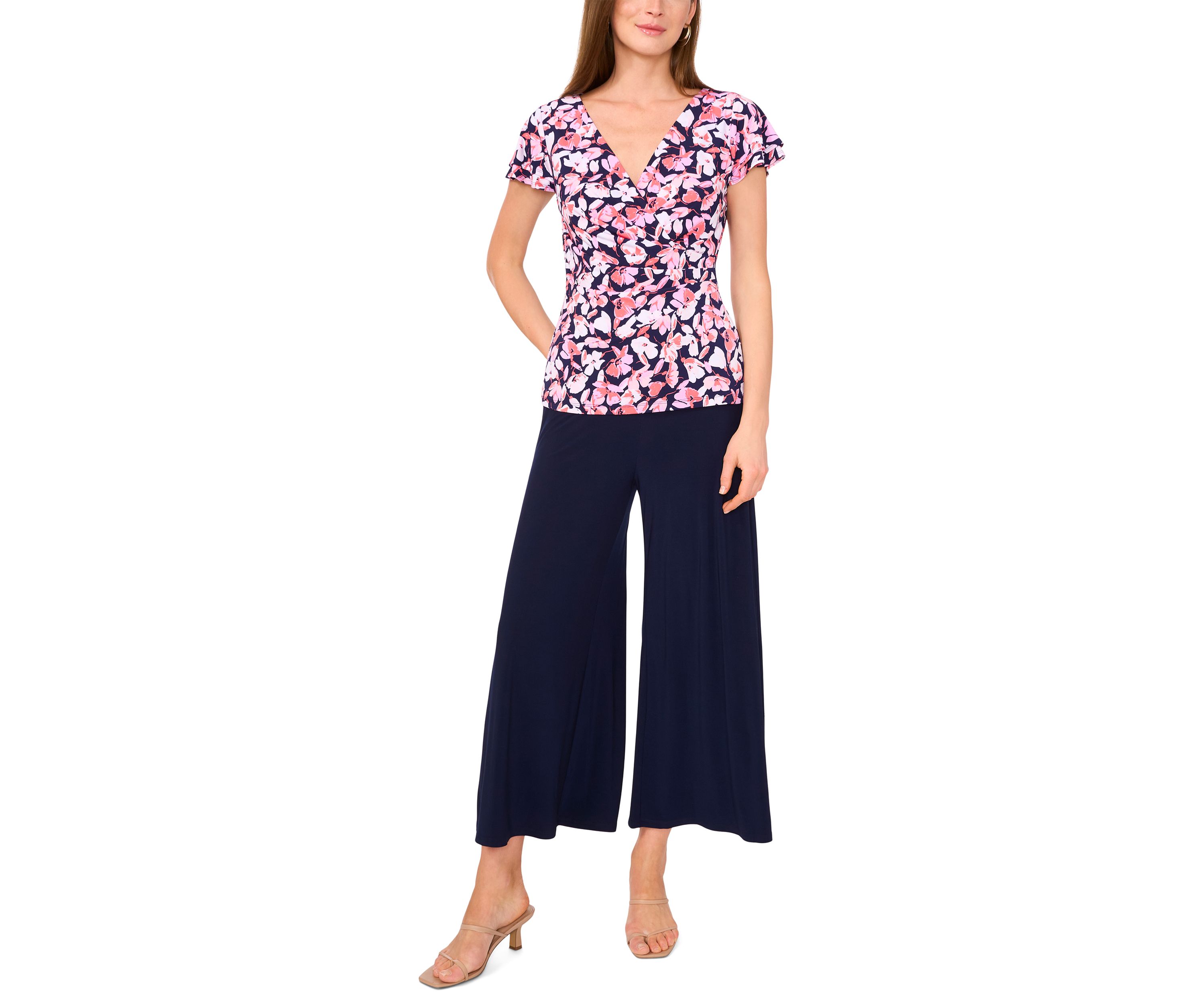 Womens Flutter Sleeve Floral Wrap Top 