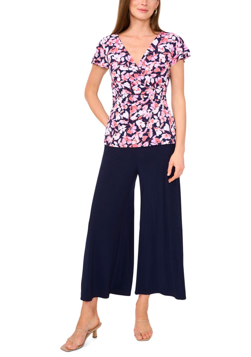 Womens Flutter Sleeve Floral Wrap Top 
