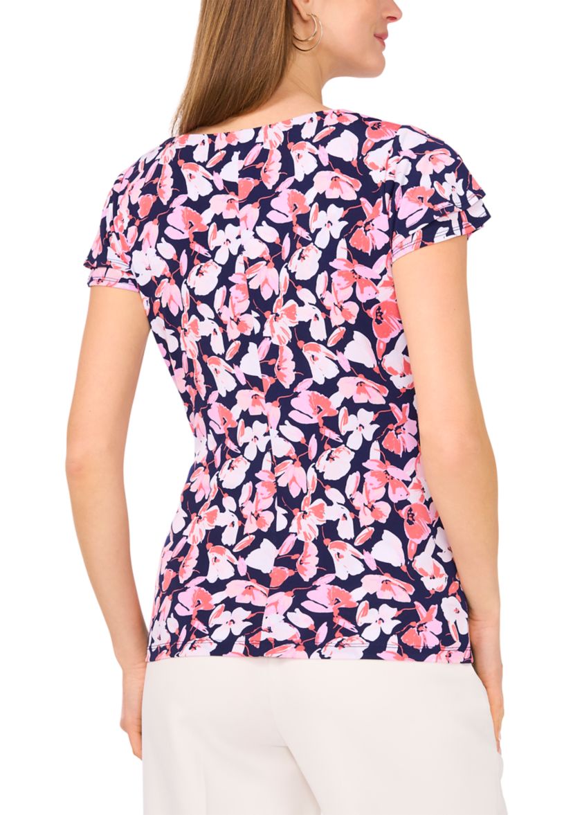 Womens Flutter Sleeve Floral Wrap Top 