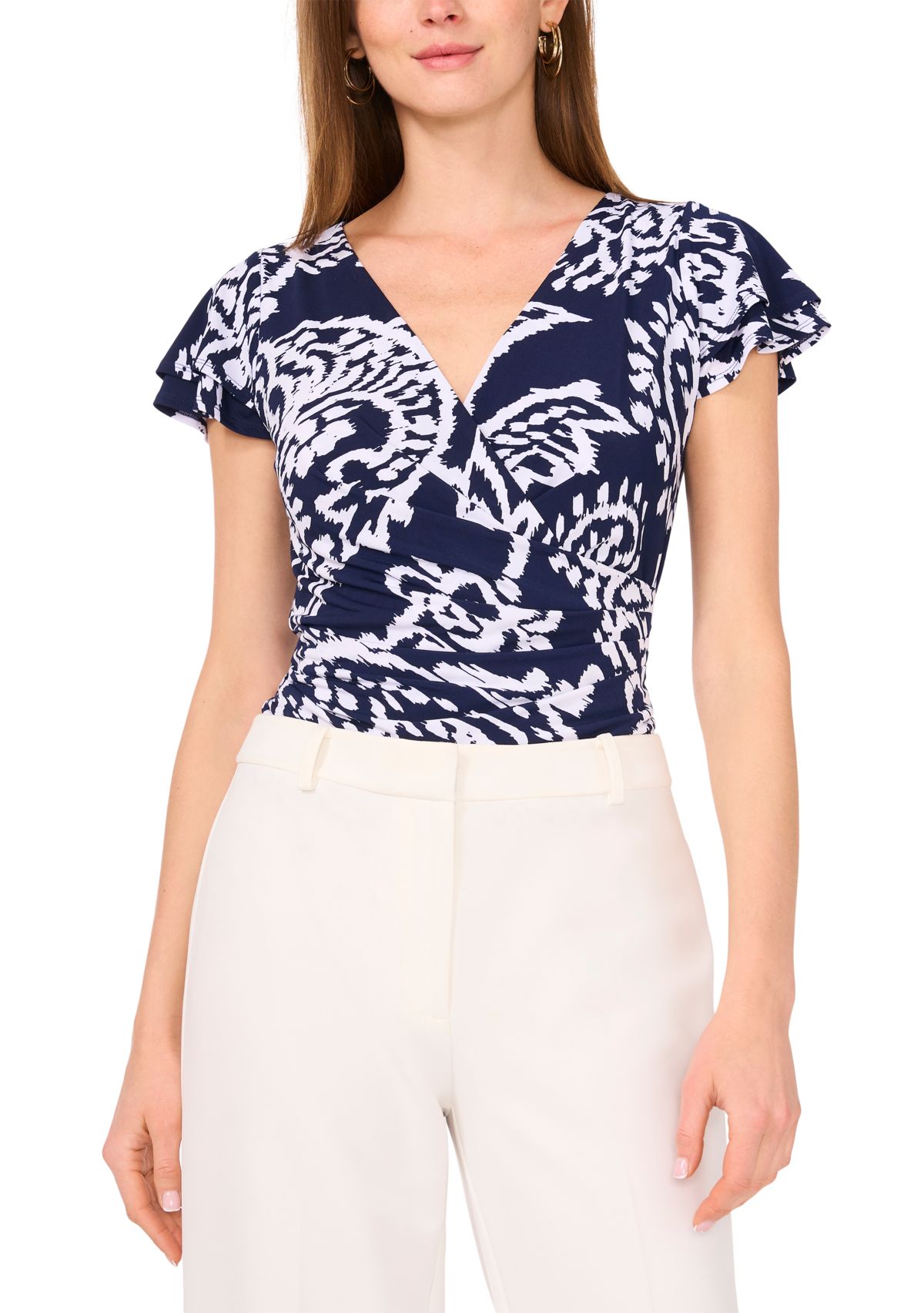 	  Womens Flutter Sleeve Printed Wrap Top 