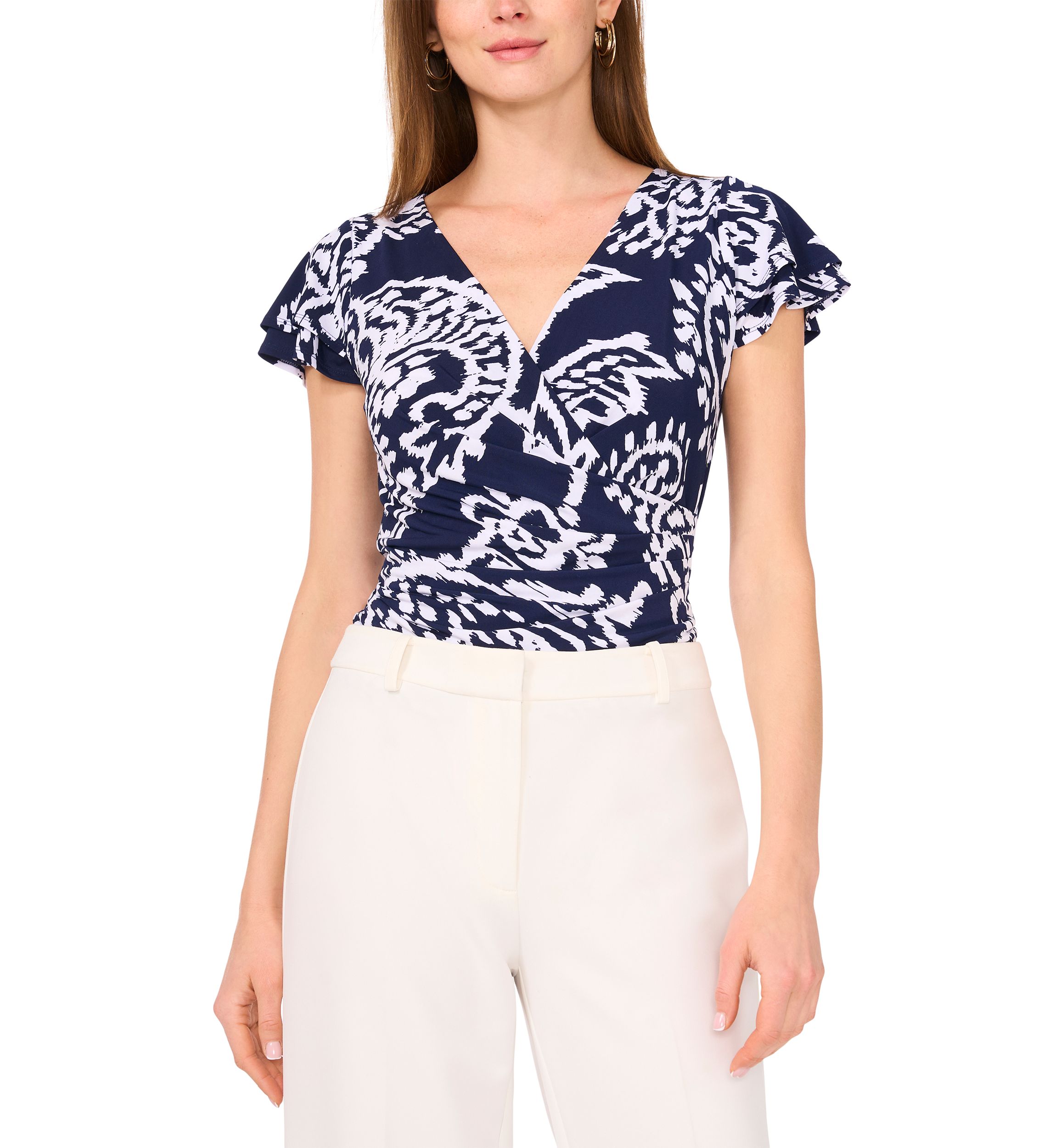 	  Womens Flutter Sleeve Printed Wrap Top 