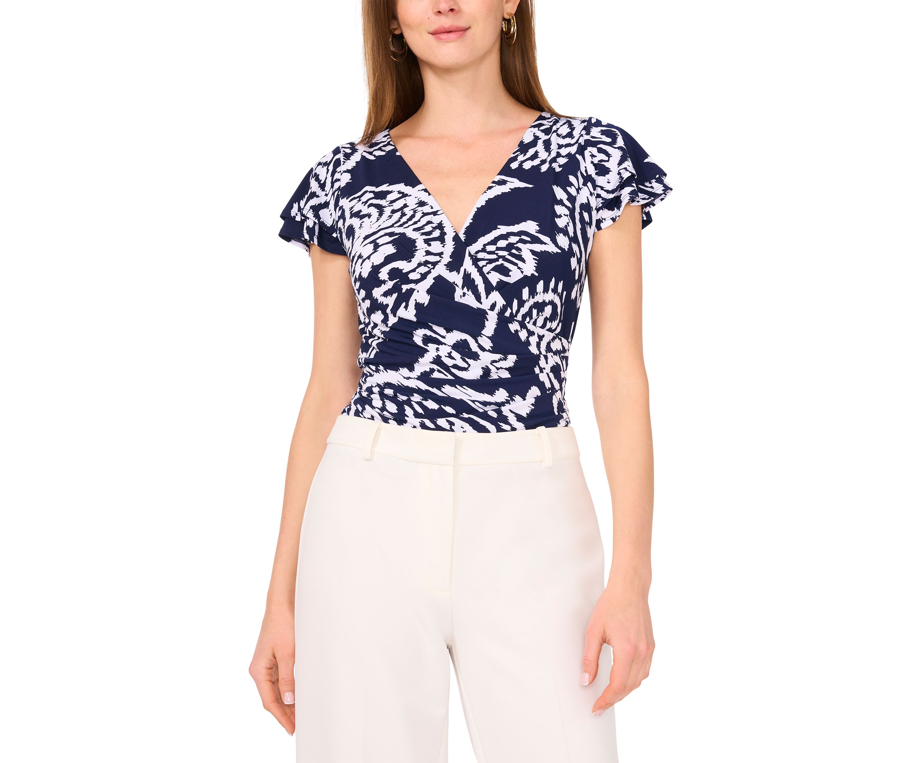 	  Womens Flutter Sleeve Printed Wrap Top 