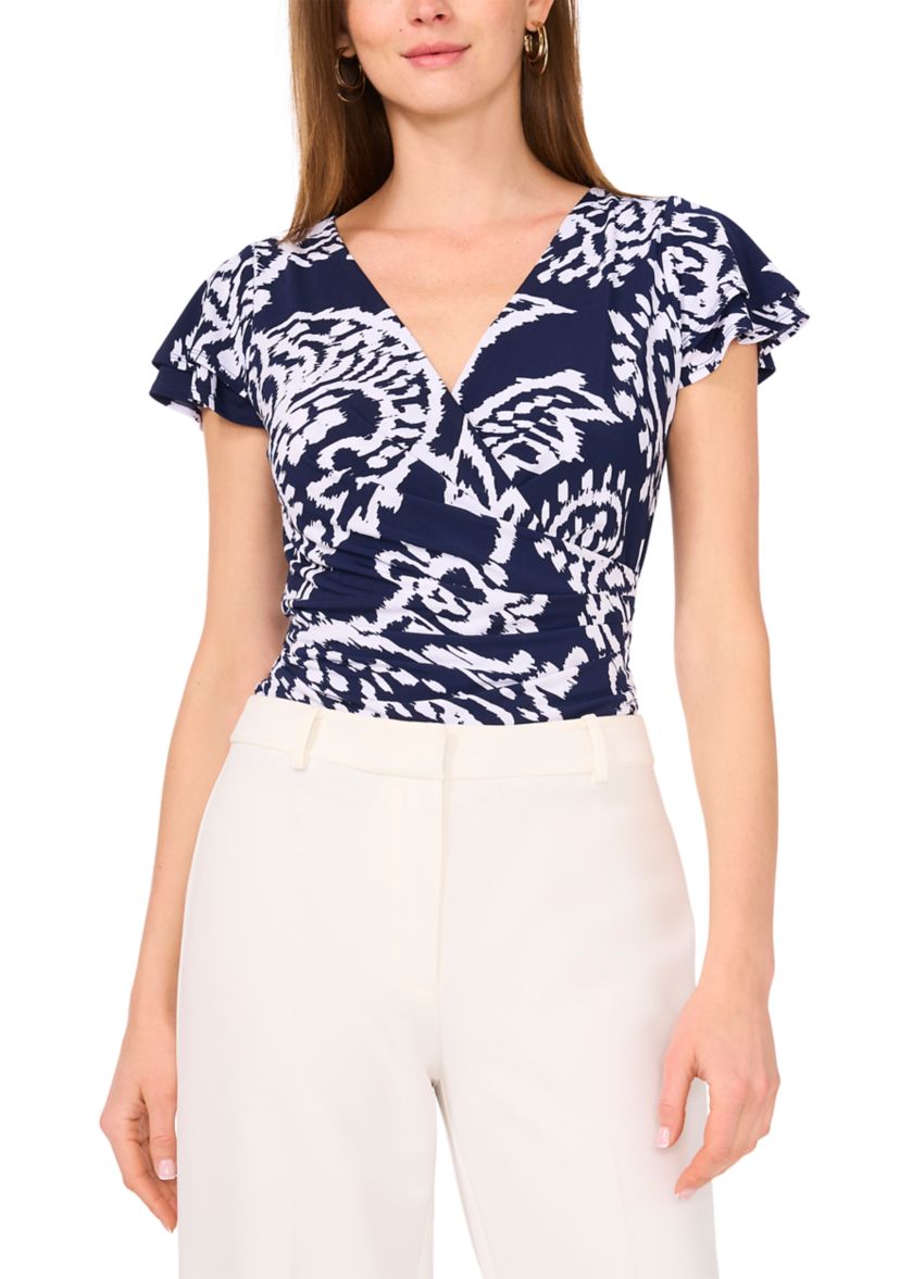 	  Womens Flutter Sleeve Printed Wrap Top 