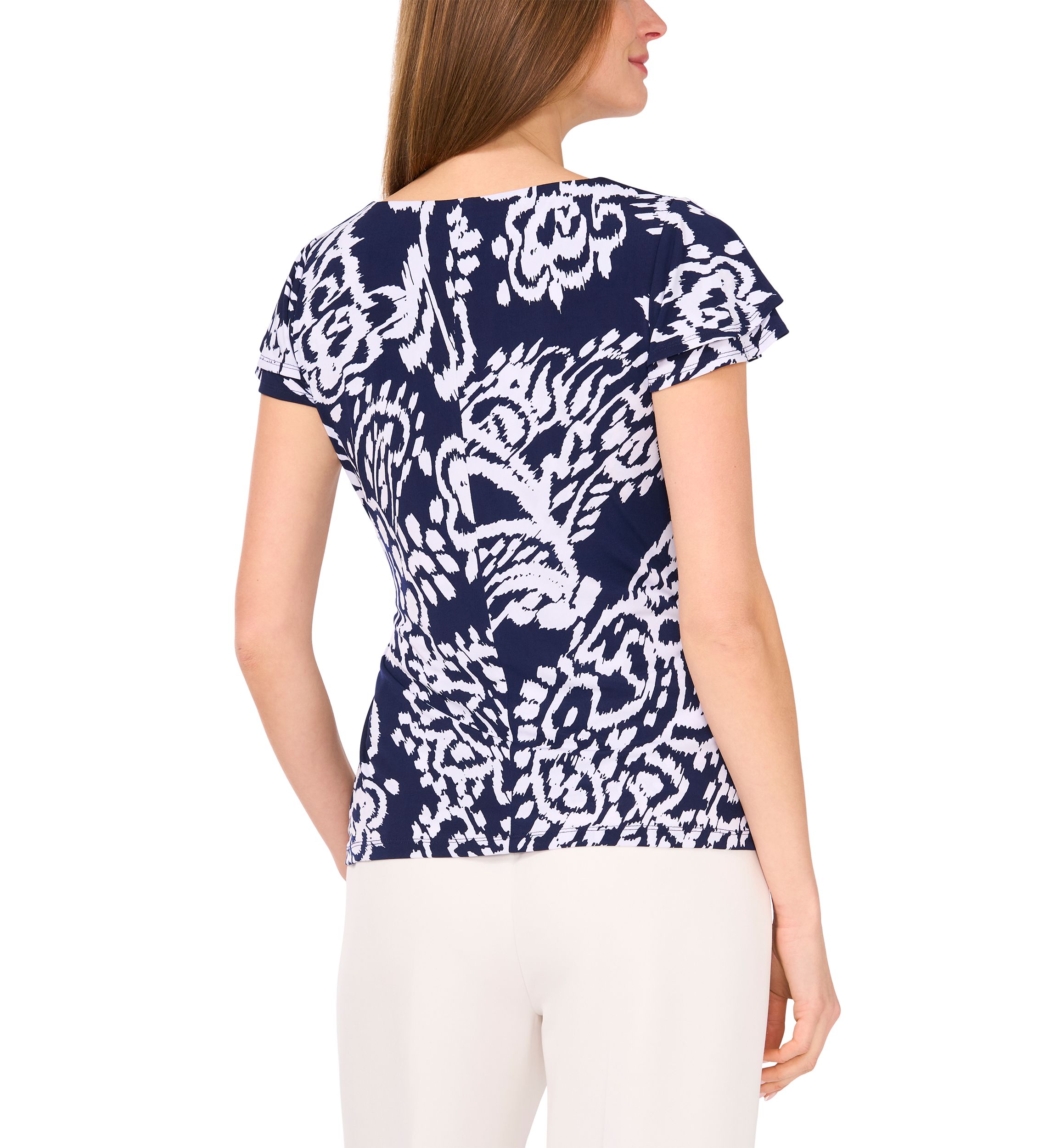 	  Womens Flutter Sleeve Printed Wrap Top 
