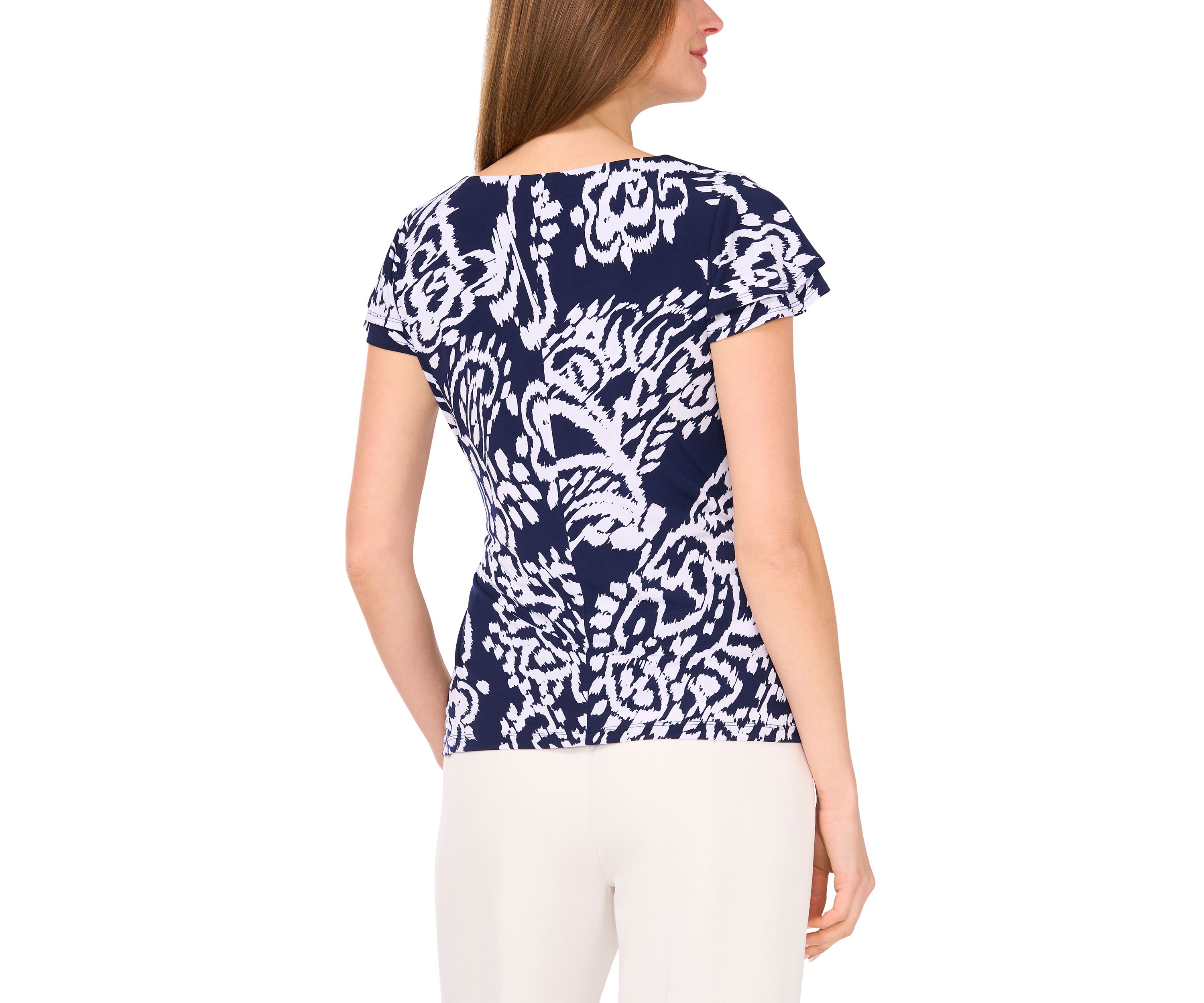 	  Womens Flutter Sleeve Printed Wrap Top 