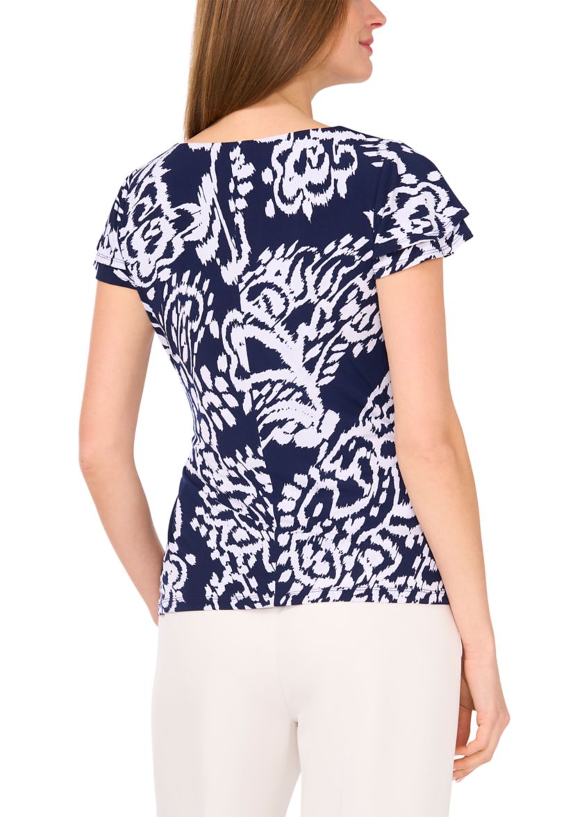	  Womens Flutter Sleeve Printed Wrap Top 
