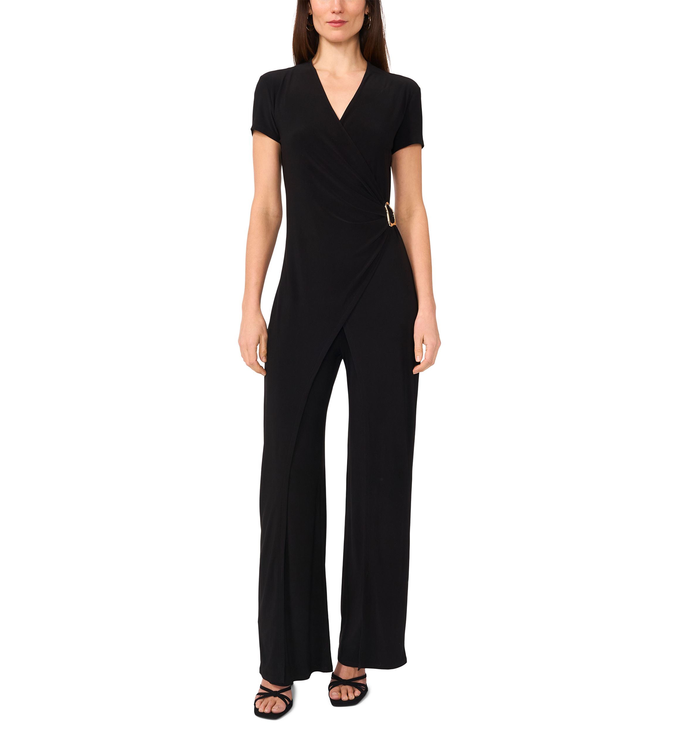 Womens Short Sleeve Side Buckle V-Neck Wrap Jumpsuit 