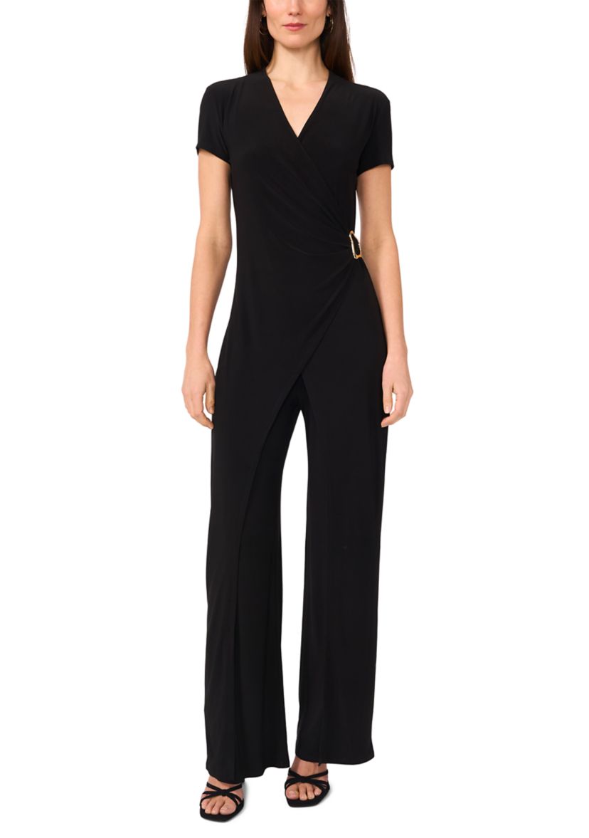 Womens Short Sleeve Side Buckle V-Neck Wrap Jumpsuit 