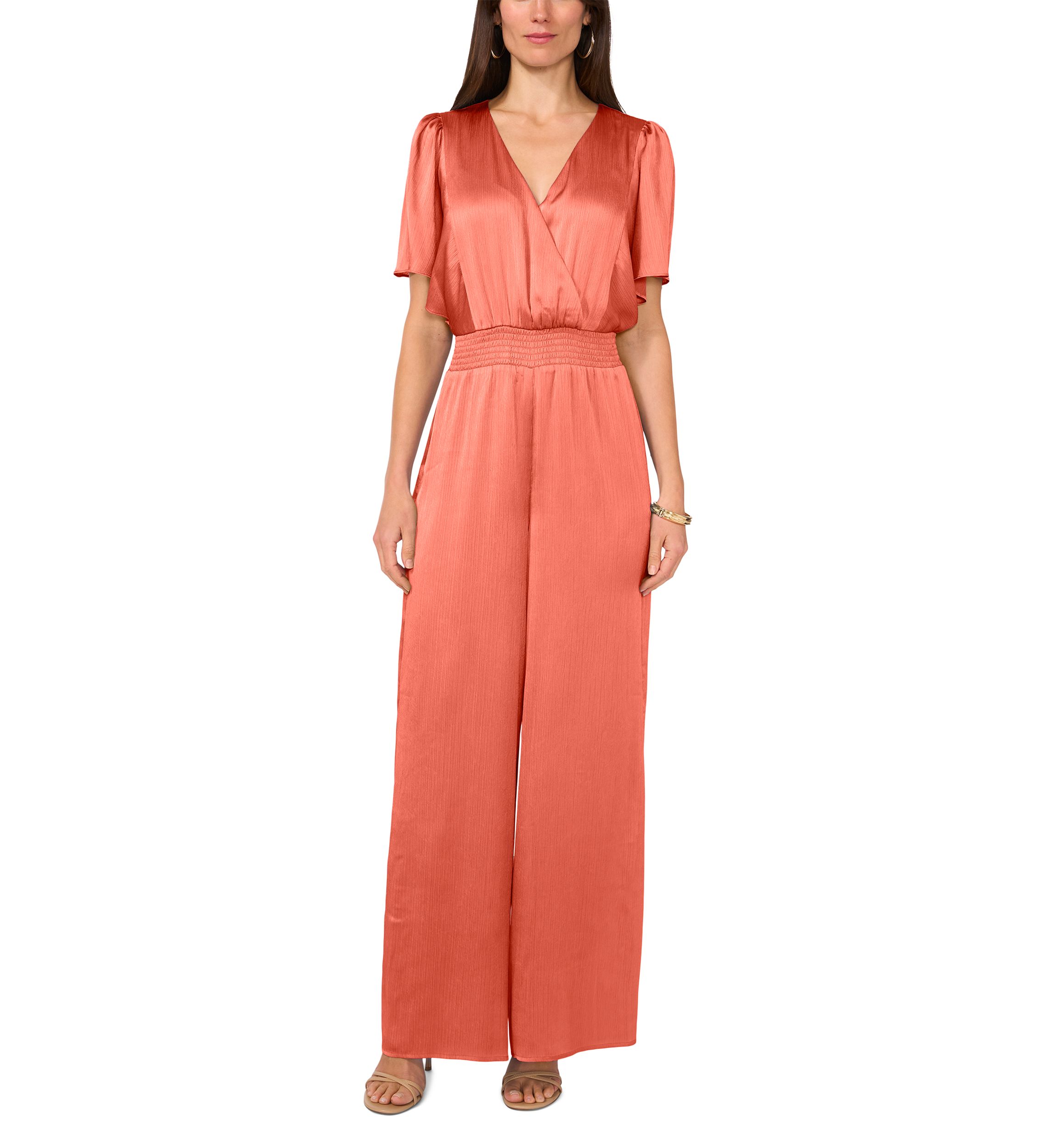Womens Flutter Sleeve V-Neck Smock Waist Jumpsuit 